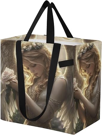 Archangel Woman Rose Large Canvas Grocery Tote Bag Stylish Foldable Reusable Shoulder Bags for Shopping Camping Picnic 32L
