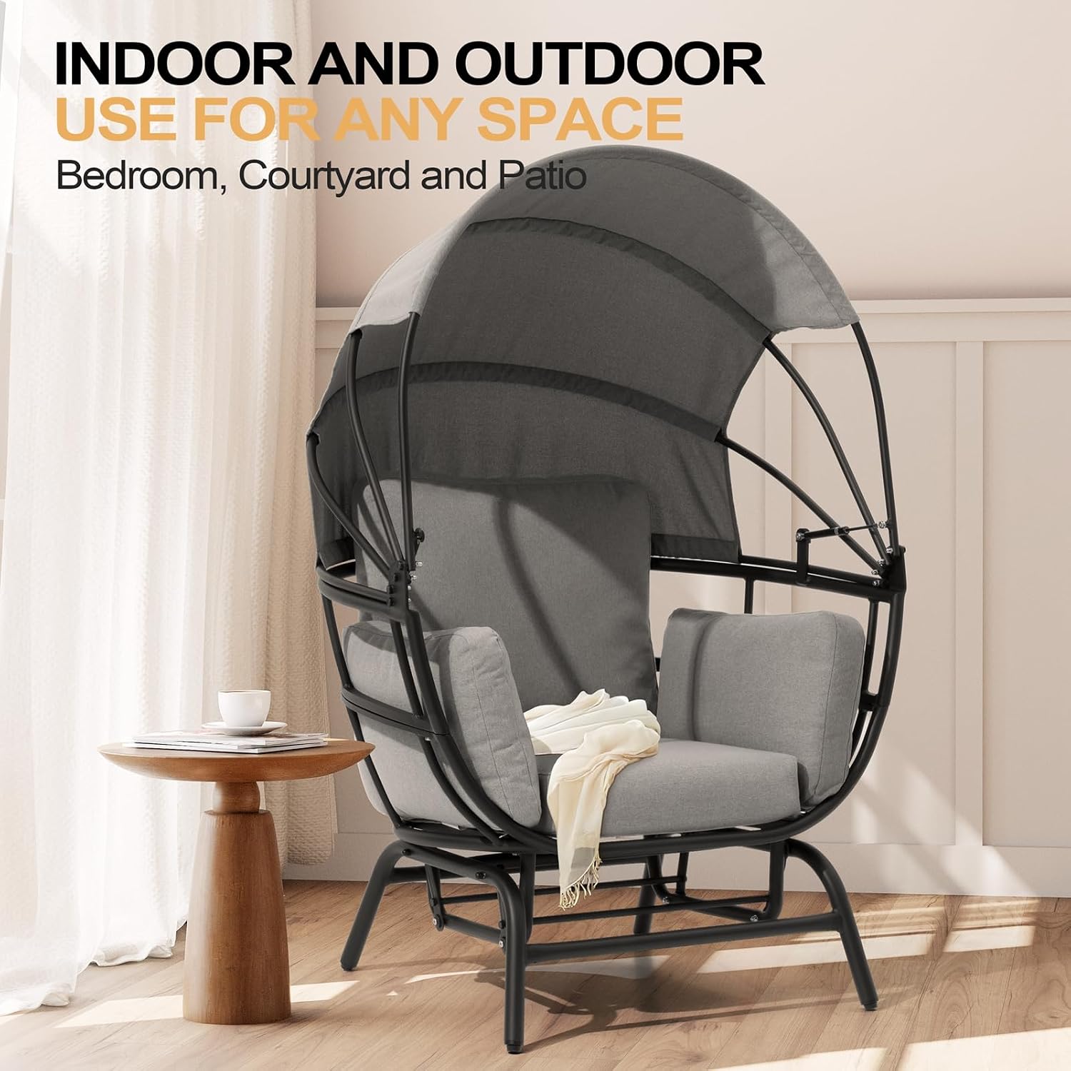 Egg Chair Outdoor Indoor, Glider Chair with Folding Canopy, All Weather Aluminum Oversized Lounge Chair w/Cushion & Sun Shade Cover for Living Room, 350lbs Capacity (Black & Grey)