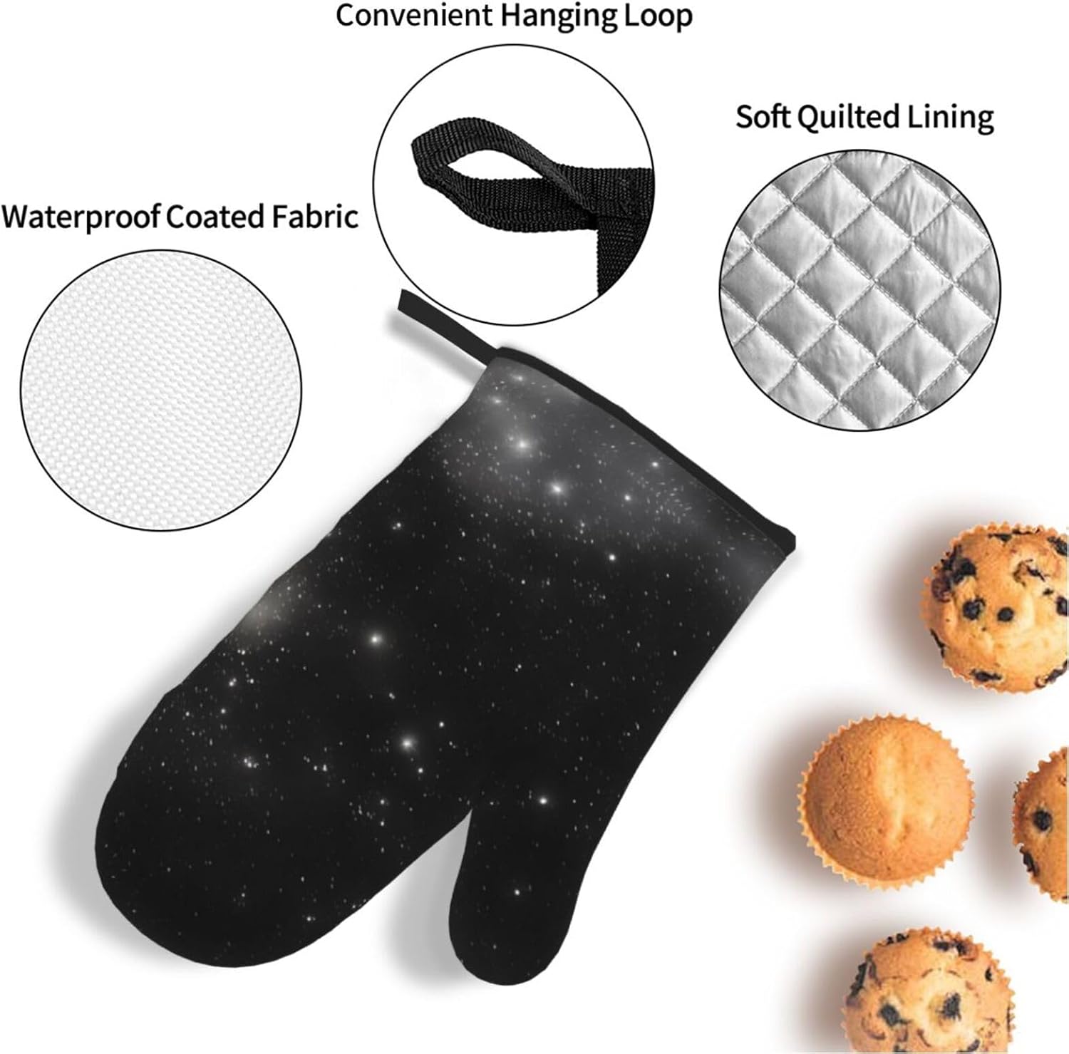 Black and white galaxy Oven gloves and heat-resistant mat 4-piece set. Suitable for grilling, microwave oven frying, and baking