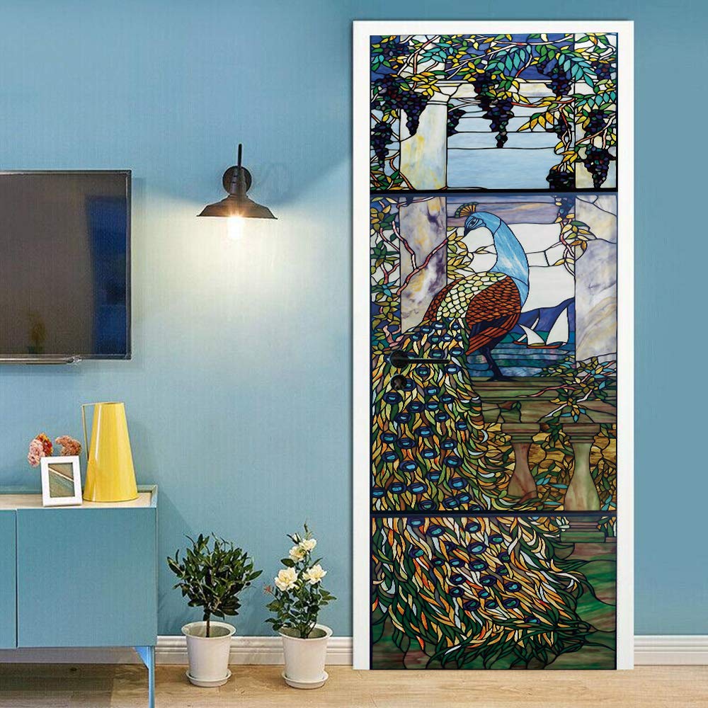 Sticker de porte trompe l'oeil effet paon pour sublimer votre couloir ou escalier