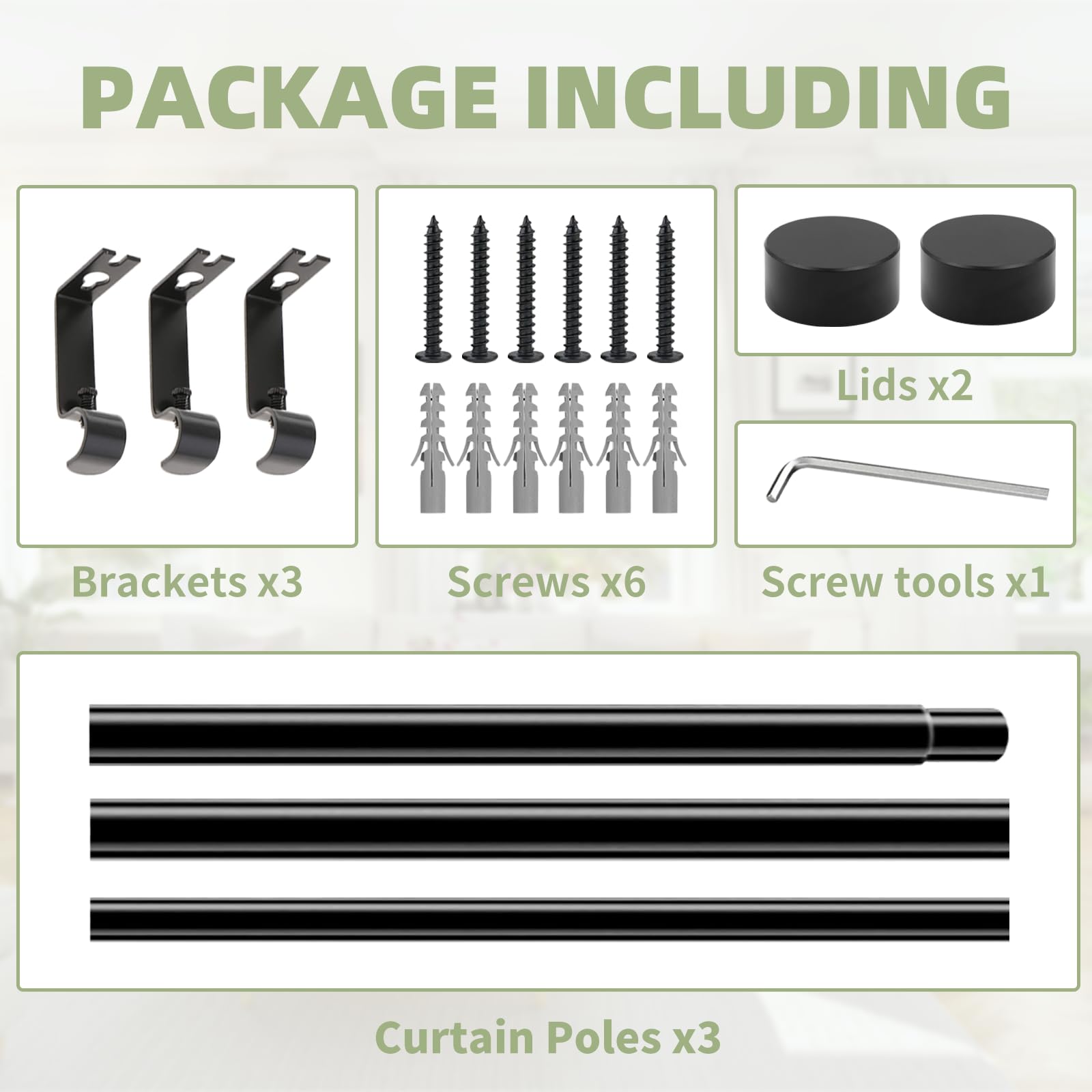 WISYOK Curtain Poles 45 to 114cm, Adjustable Black Curtain Rods with Brackets Fitting Set - Image 2