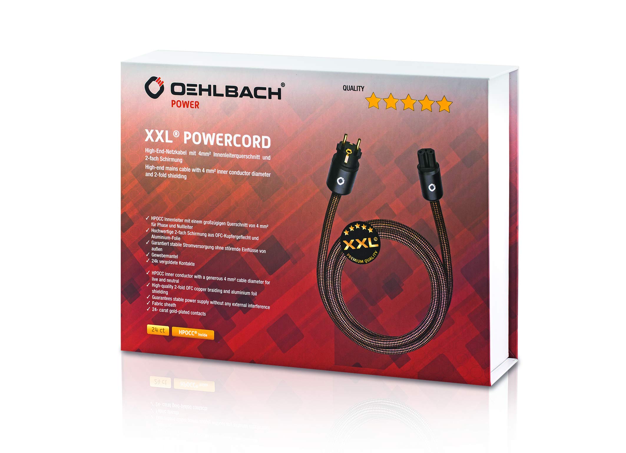 Oehlbach Kabel zasilający XXL Powercord High End - HPOCC kabel zasilający o przekroju przewodu wewnętrznego 4 mm² i 2-krotnym ekranowaniu, certyfikat VDE - wtyczka C15 (Schuko) na CEE7/7-5 m, sepia