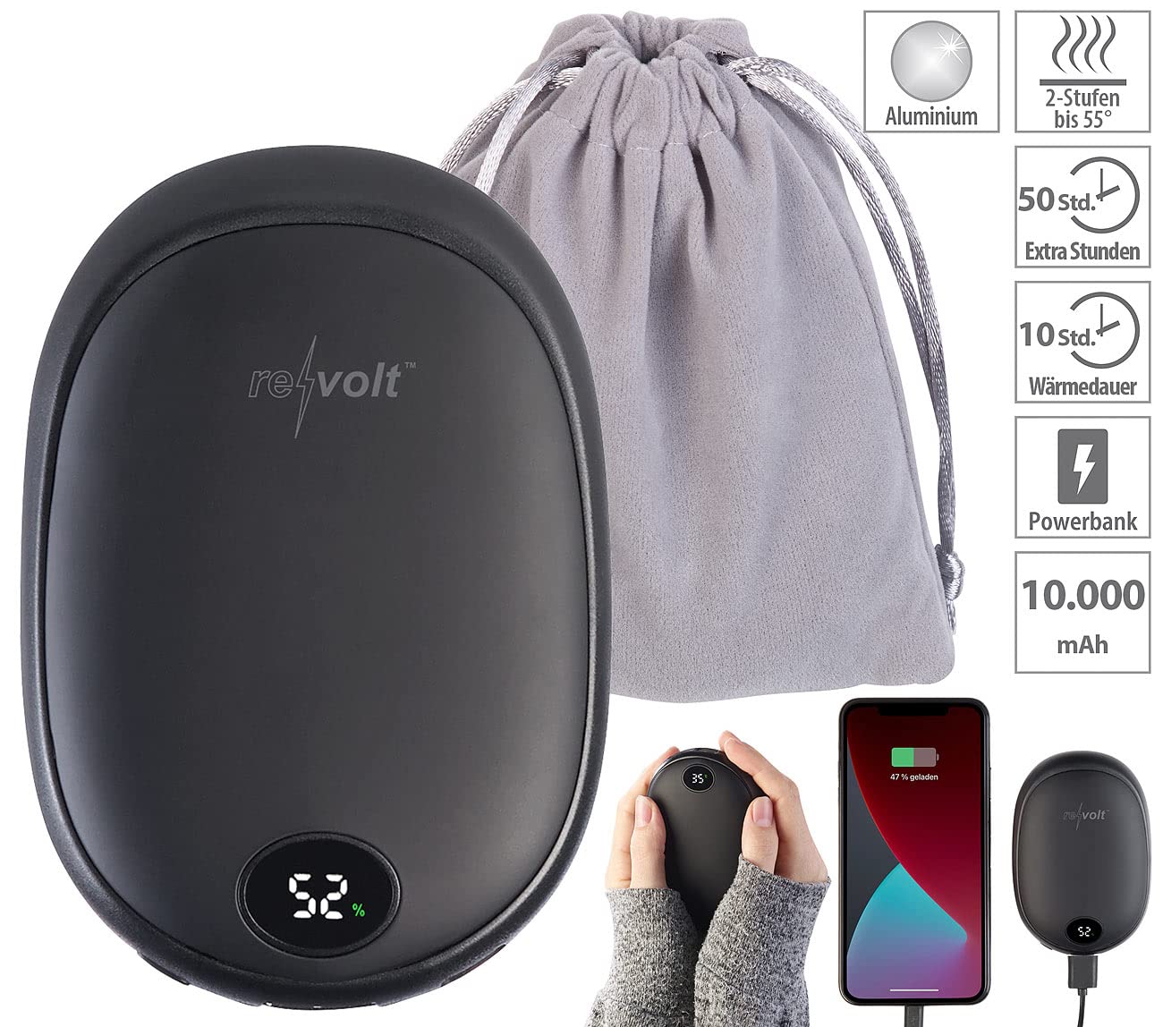 revolt USB Heizung: 2er-Set USB-Powerbank & 2-Stufen-Handwärmer, 2 A, 10.000 mAh, Display (Elektrische Handwärmer, 2in1-Powerbank mit, iPad)