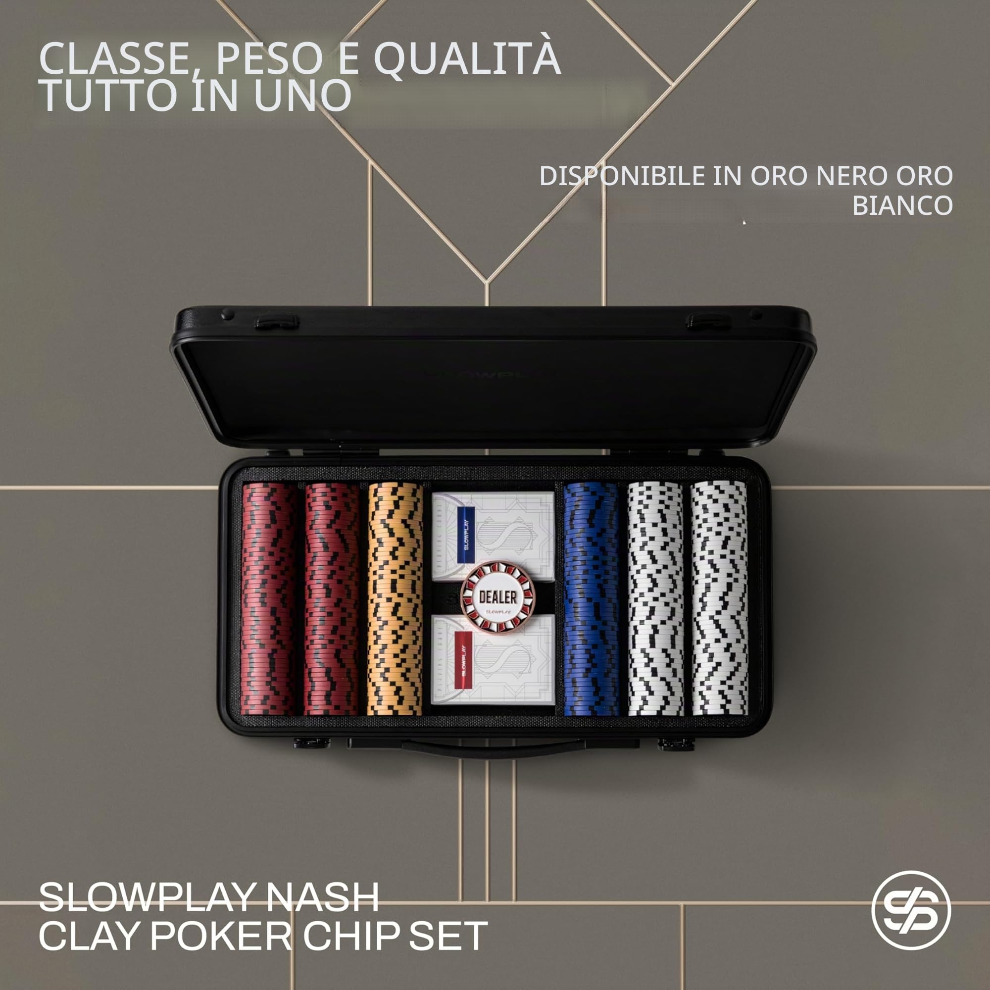 SLOWPLAY Set di fiches da poker Nash in argilla 14 g Black Gold 300 pezzi numerate 1,5,25,100,500 valigetta premium policarbonato