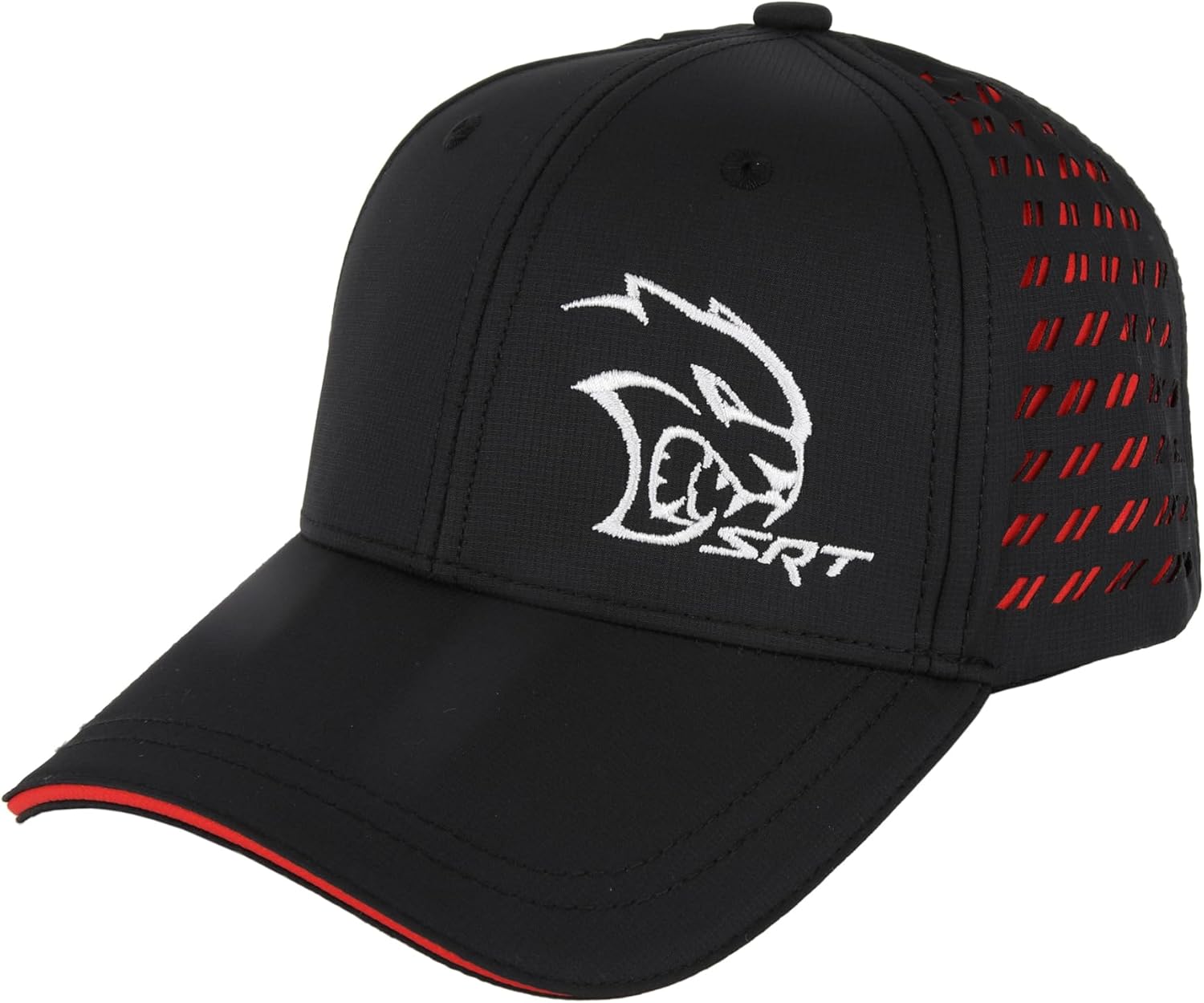 Dodge SRT Hellcat Men's Performance Hat | Embroidered Logo | Laser-Cut Rhombus Panels | Black/Red | Officially Licensed