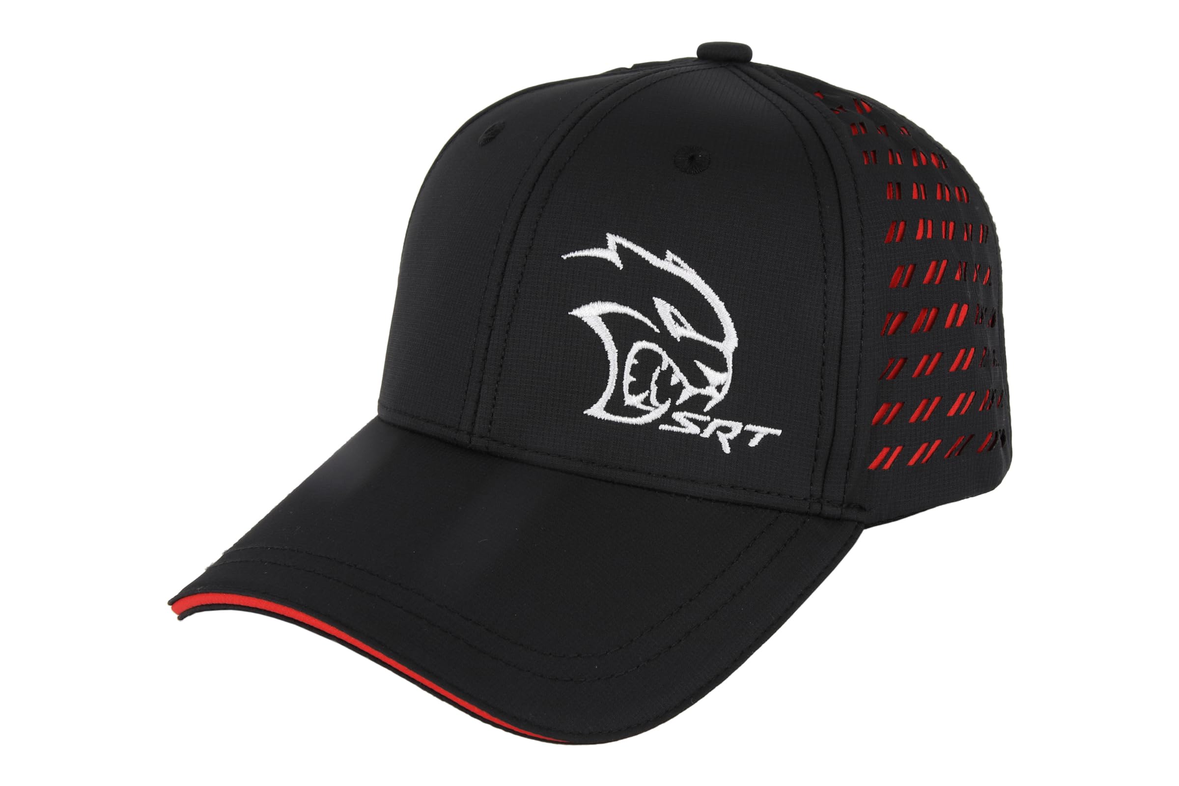 Dodge SRT Hellcat Embroidered Logo Performance Style Hat Mid Profile Laser-Cut Rhombus Six Panel Structured Cap Rhombus Logo Drop Tag and Hook and Loop Closure - Black/Red