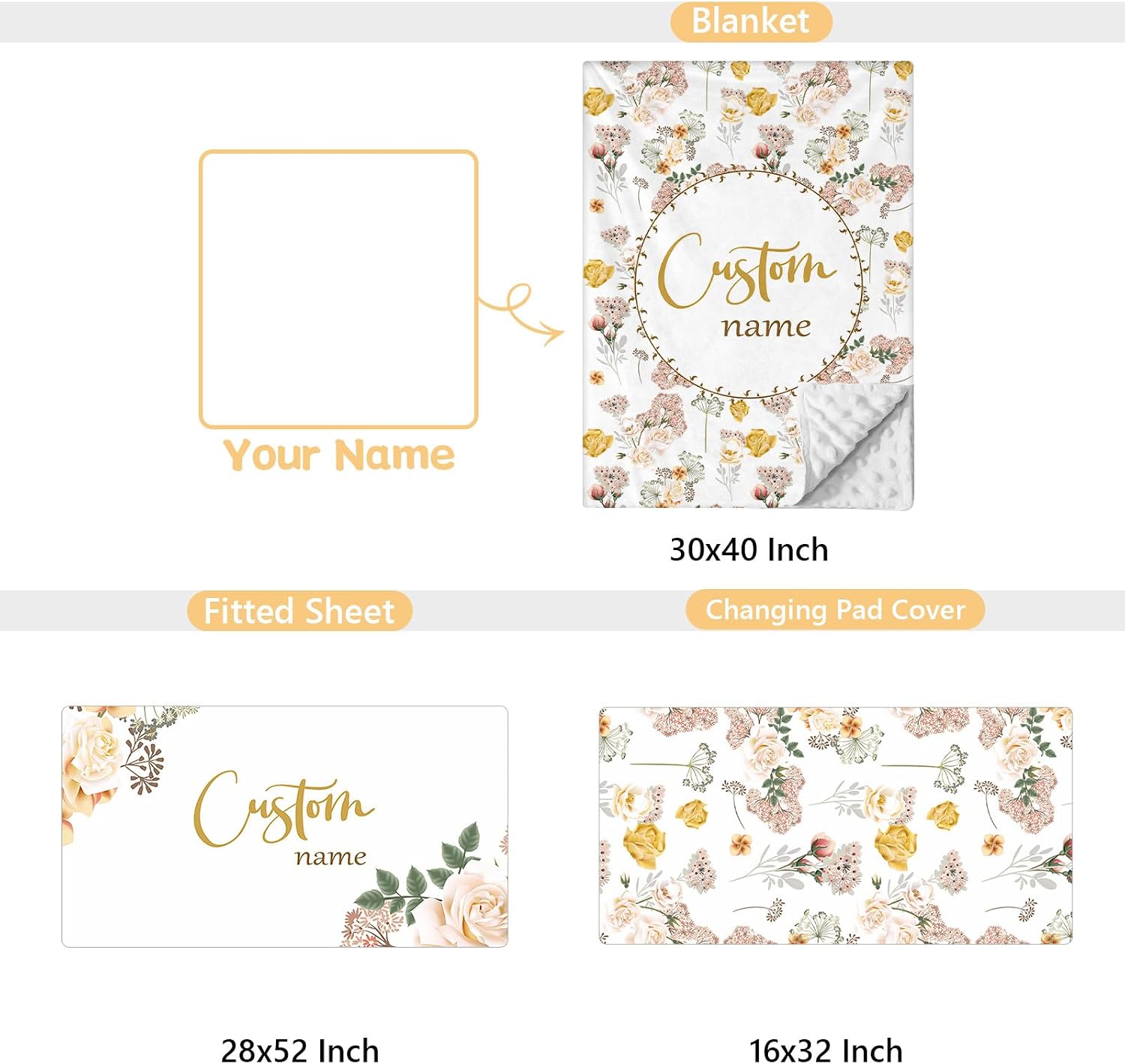 Terwex Personalized Baby Bedding Set for Baby Girls- 3 Pcs Custom Infant Bedding Sets with Name, Soft Yellow Flower Nursery Bedding Set, Double Layer Toddler Bedding Sets, Newborns Customized Gifts