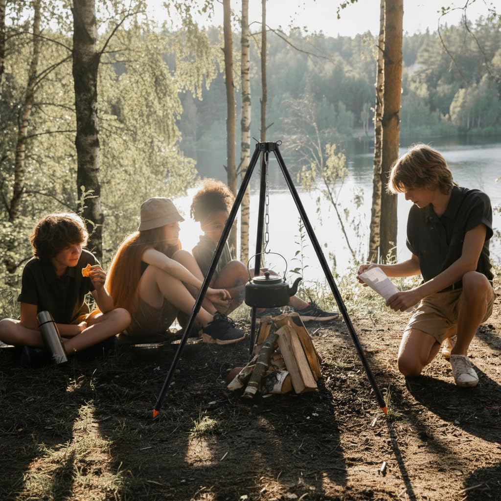 110CM Camping Stativ Lagerfeuer Kochen Stativ Outdoor Grillrost Stand Halterung Hängekette Verstellbar BBQ Dreibein im Freien(Silber)