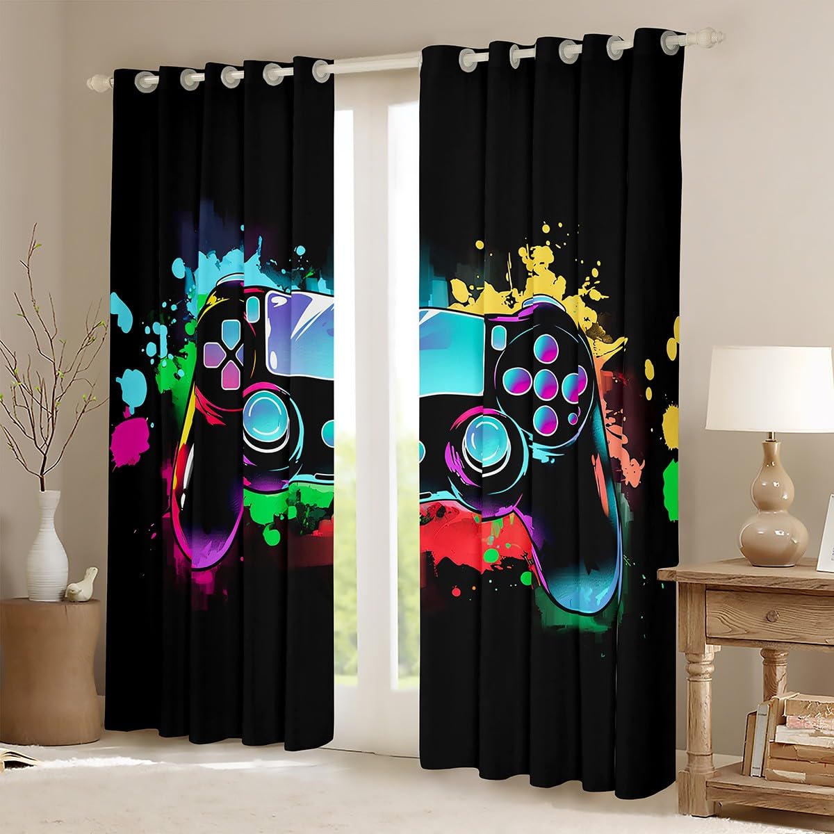 Loussiesd Cortinas opacas para dormitorio, sala de estar, 66 pulgadas de ancho x 90 pulgadas de largo, 30% a 50% de oscurecimiento de la habitación, moderno controlador de consola de juegos, cortinas
