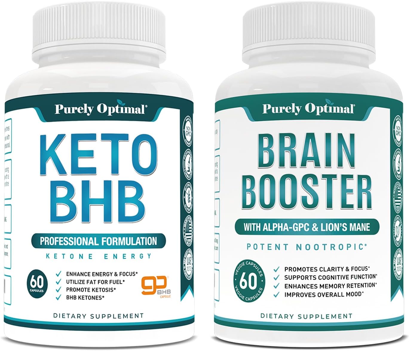Purely Optimal Keto BHB Exogenous Ketones Supplement + Premium Brain Supplement - Nootropic Brain Booster for Focus, Clarity, Improved Memory, Concentration & Better Mood
