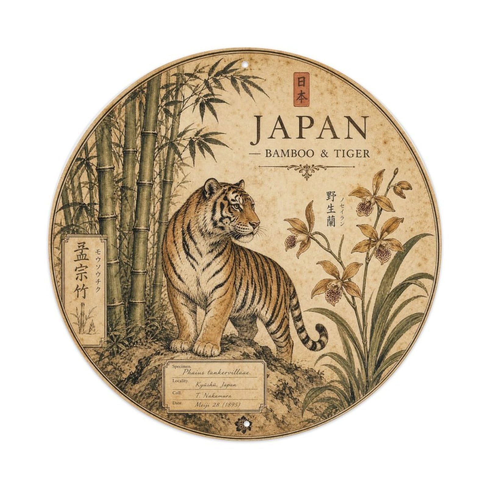 Olyhtr 8X8inch Classic Style Meiji Japan Bamboo Tiger Ceramic Folk Pattern Metal Tin Sign