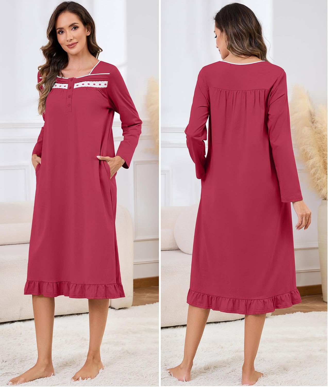 Bloggerlove Womens 100% Cotton Nightgown Long Sleeve House Dress with Pockets Sleep Dress S-3XL - Image 3