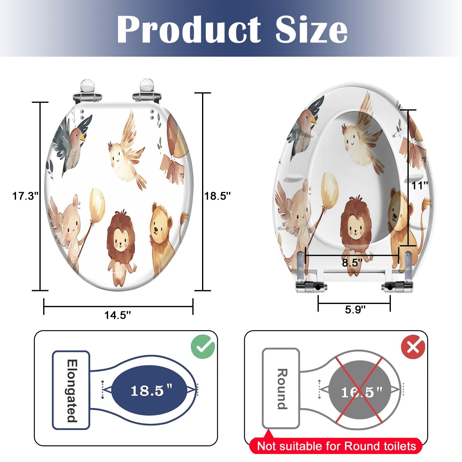 Sedile per WC per bambini con chiusura ammortizzata, motivo acquerello, uccello, leone, orso, resina, cerniere a sgancio rapido, facile installazione.
