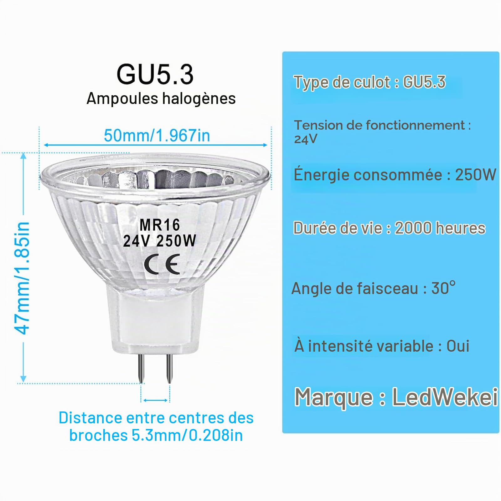 Ampoules halogènes Gu5.3, ampoule halogène MR16 24 V 250 W, ampoules blanc chaud 2700 K à intensité variable (lot de 2 tasses réflectrices de calandre)