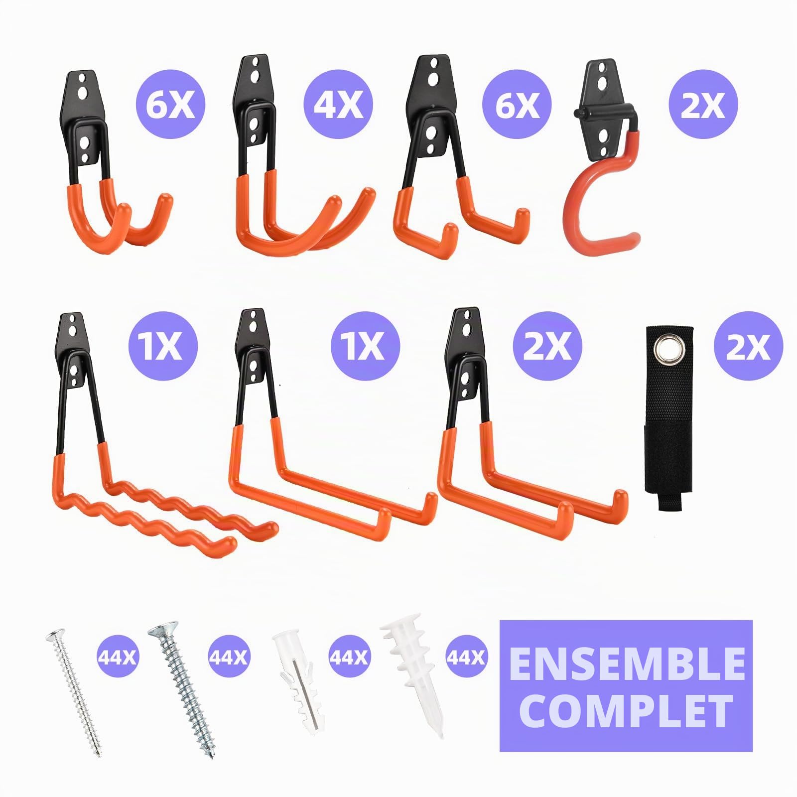 Lot de 24 crochets de garage en acier robuste pour rangement de garage, support mural pour vélos, outils de jardin, échelles, articles en vrac, cordes et autres équipements