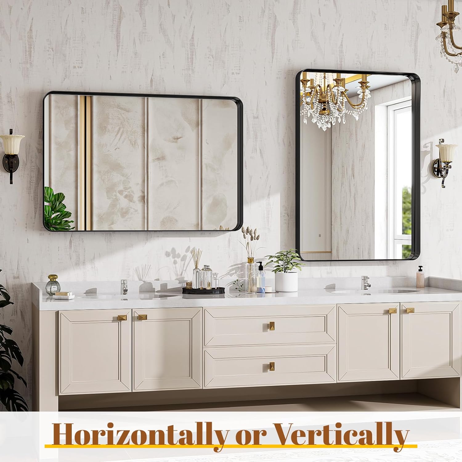 Bathroom Mirrors for Over Sink 30 x 48 Inch Rounded Rectangle Bathroom Vanity Mirror Bathroom Mirror for Wall Hangs Horizontally or Vertically for Living Room Bedroom Entryway Black