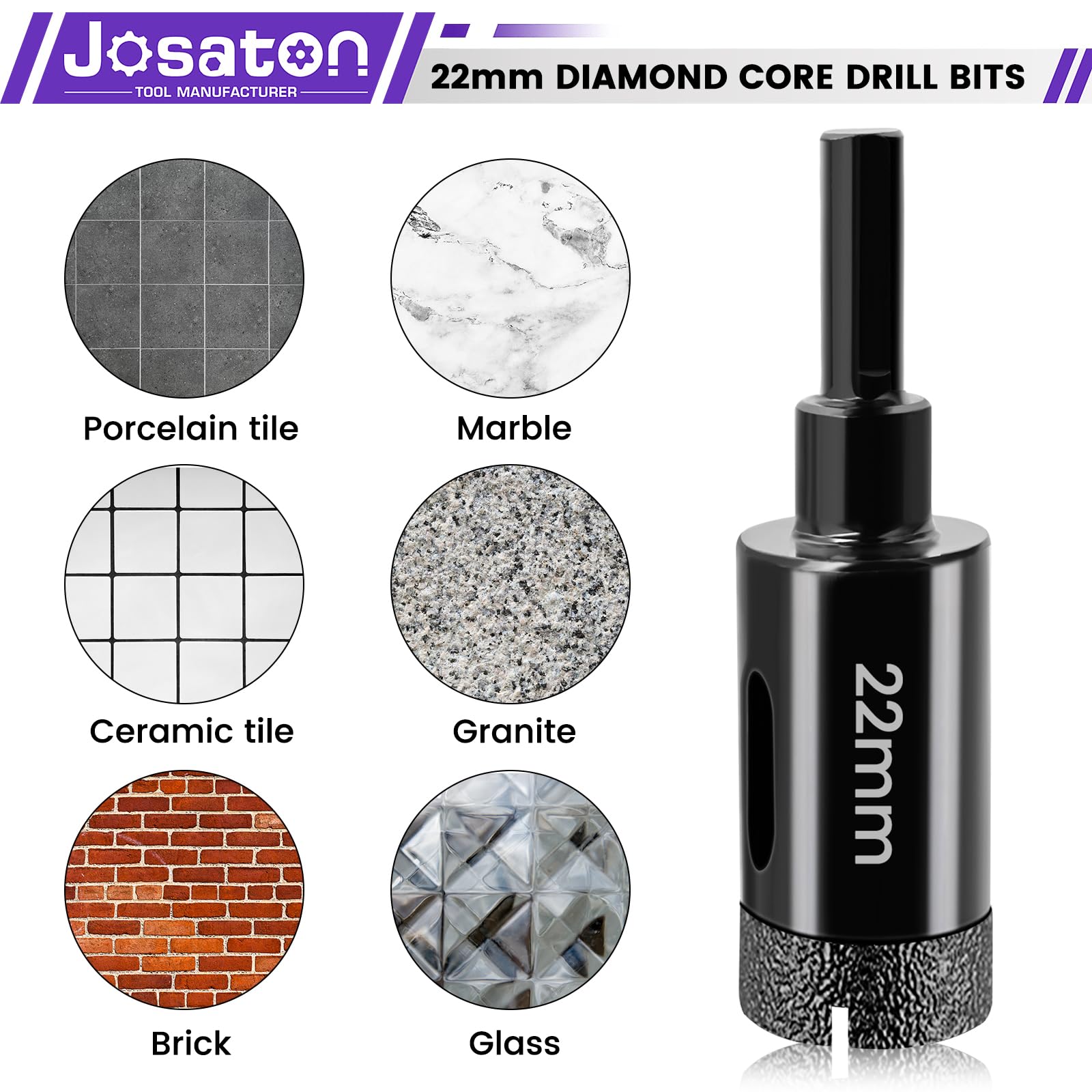 22mm Tile Hole Cutter Set Josaton 2Pcs Diamond Hole Saw with Triangle Shank - Image 3