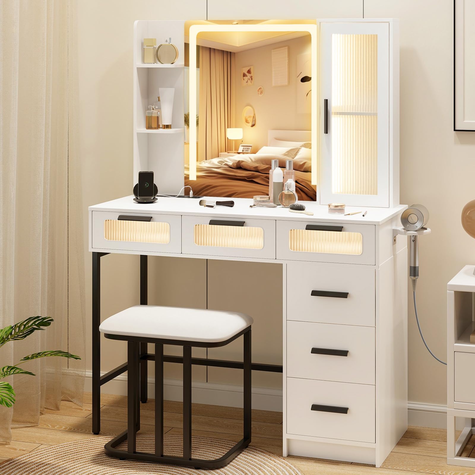 CHARMAID Vanity Desk with Mirror and Lights, White Makeup Vanity Desk with 6 Drawers, Lighted Side Cabinet, Storage Shelves, Charging Station, Large Modern Bedroom Vanity Dressing Table with Stool