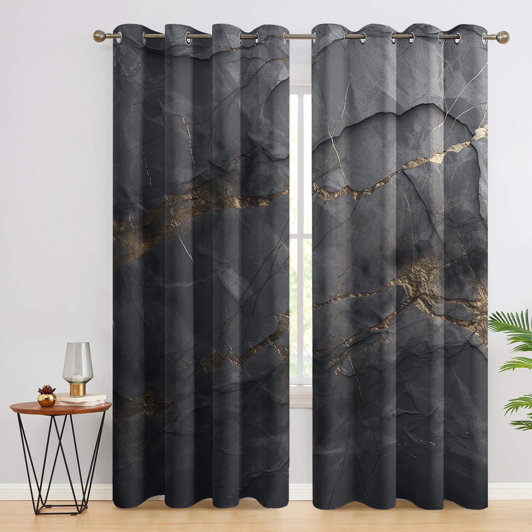 Generisch Schwarz Gold Marmor Vorhänge Wohnzimmer, Verdunklungsvorhänge Moderne Abstrakt mit Ösen, Vorhang Blickdicht mit Muster, Gardinen für Wohnzimmer Deko 2er Set, H 175 X B 140 cm B-G5