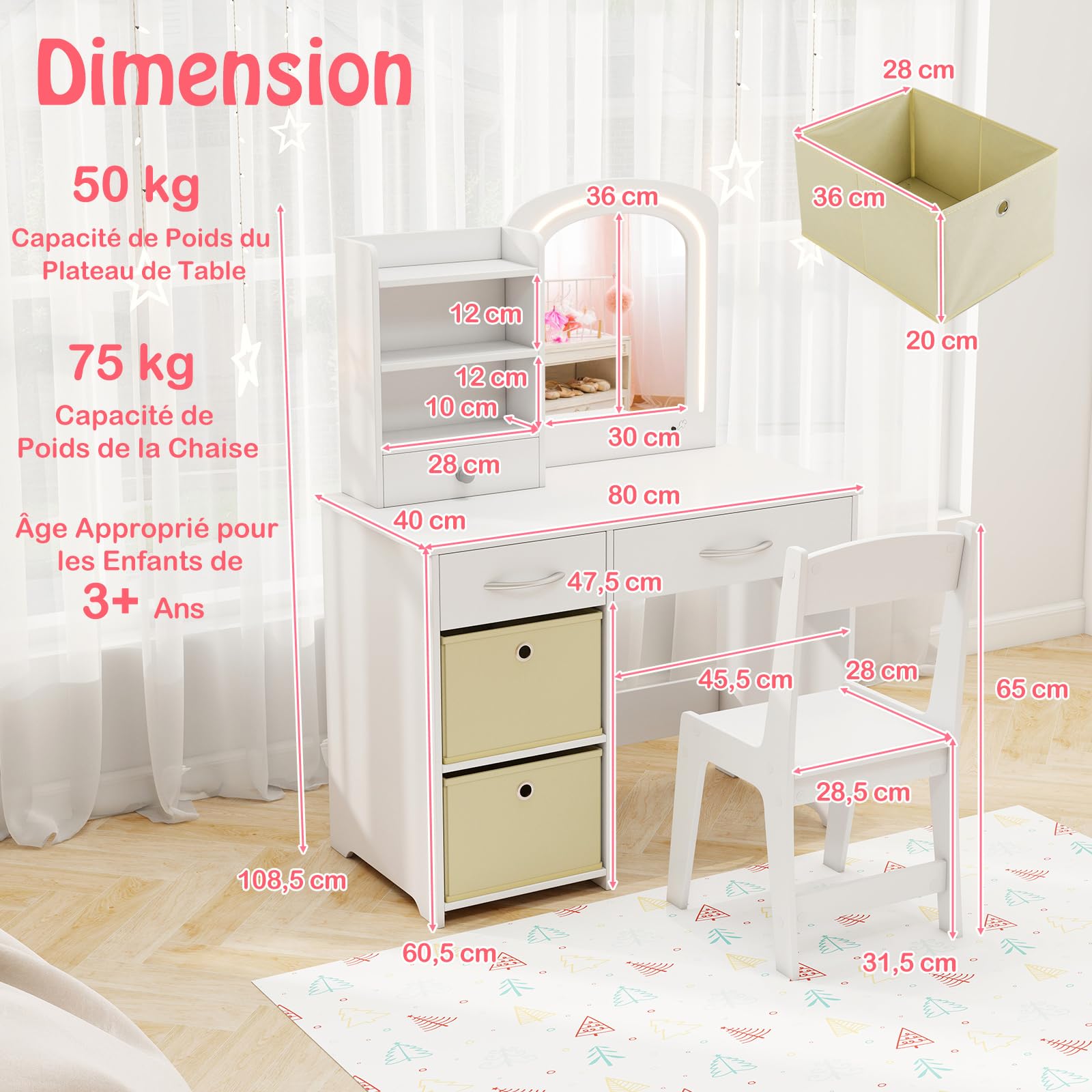 COSTWAY Coiffeuse Enfant Fille avec Chaise & Miroir Lumineux, Bureau Enfant Fille avec 3 Étagères & 3 Tiroirs & 2 Bacs en Tissu, Dispositif Anti-basculement, Charge 50/75kg pour Enfant de 3 Ans+