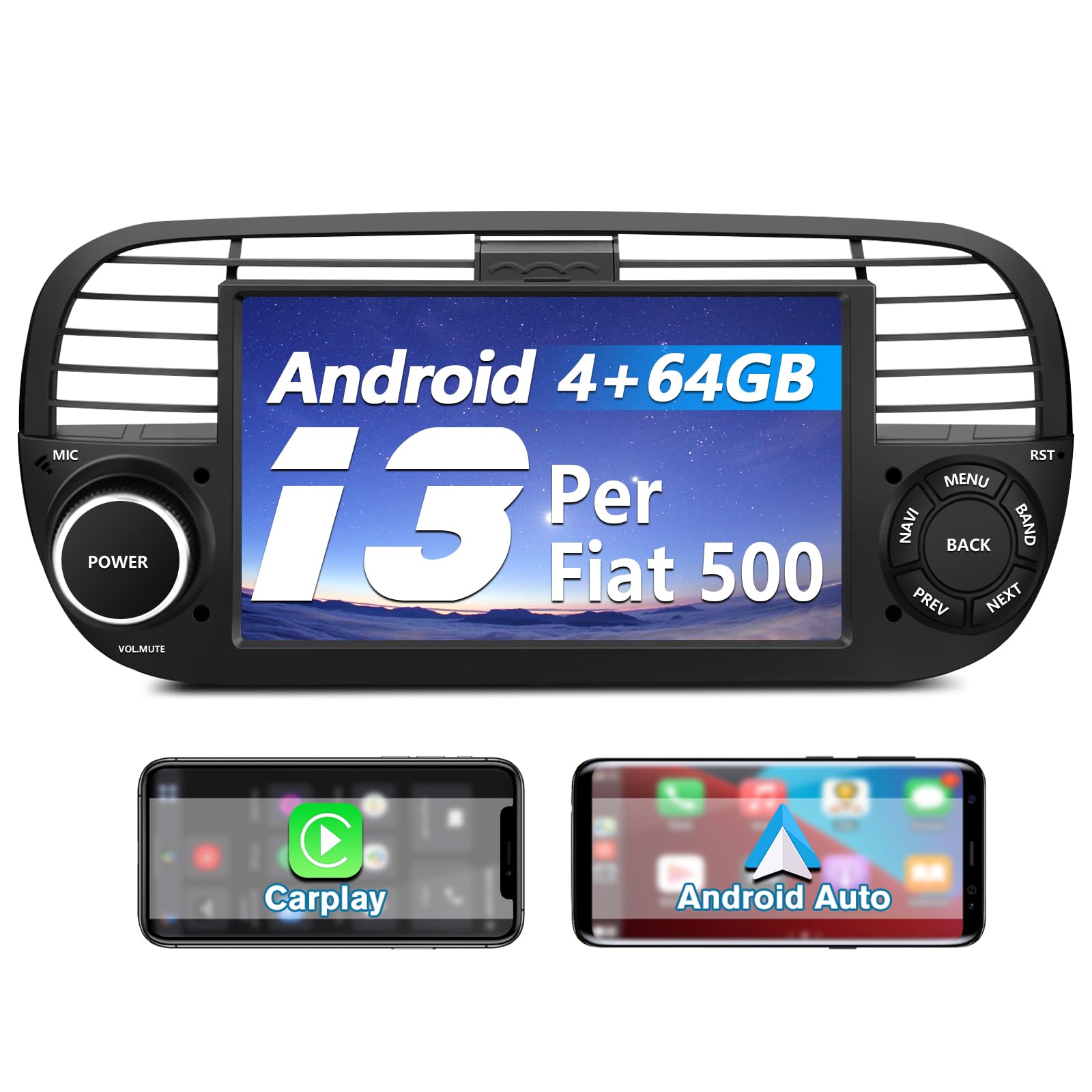 AWESAFE Android 13 Autoradio per FIAT 500 (2007-2015) lo stereo 7 pollici 1 din (4GB＋64GB) Supporto CarPlay Android Auto GPS WIFI Bluetooth MirrorLink (Nero)