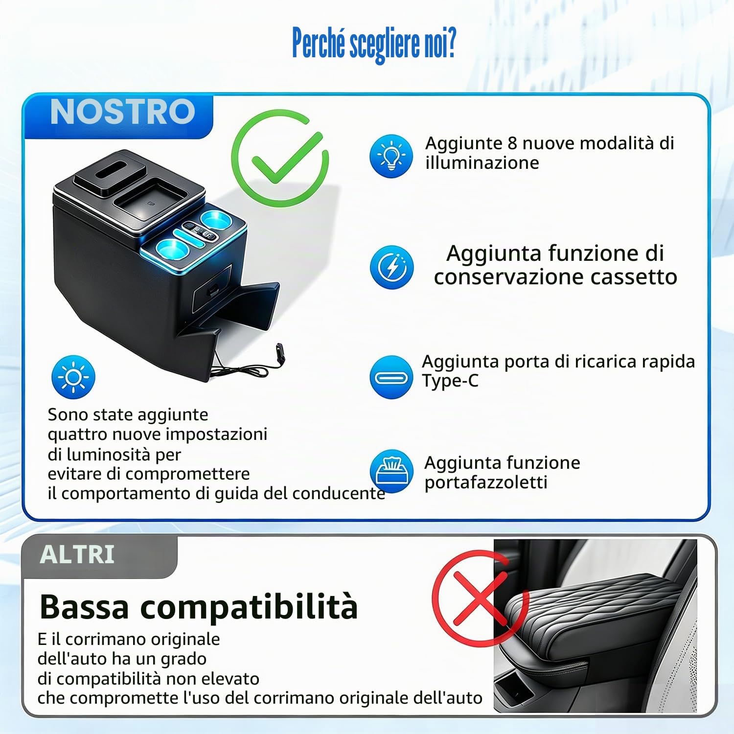 Scatola portaoggetti per braccioli, con luce ambientale a 7 colori e 4 livelli di luminosità, adatta e cassetto del conducente esclusivo per Mercedes-Benz Classe V V220 V260 V250 W447