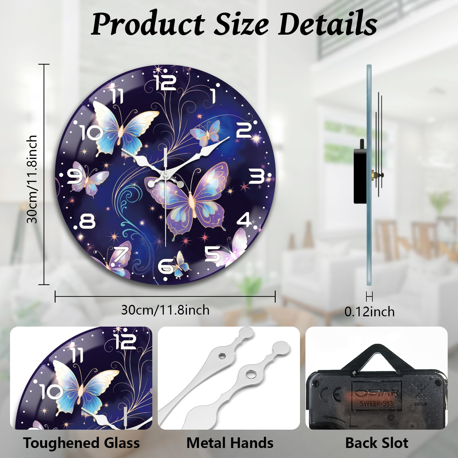 peacoblue Reloj de pared con diseño de mariposa, funciona con pilas, reloj