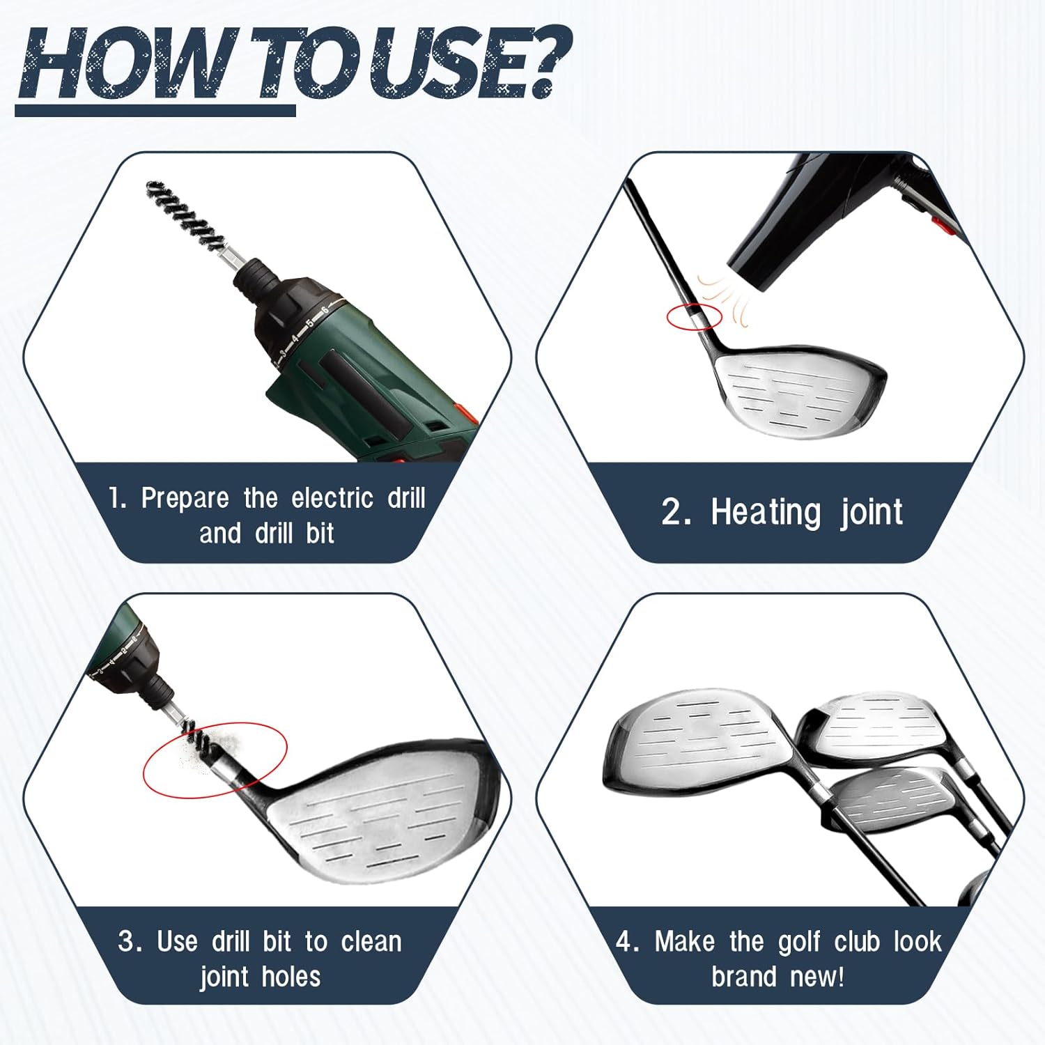 4 Pcs Golf Clubs Hosel Brushes Head Hosel Brush Hex Shank Handle Electric Drill Wire Brush Golf Shaft Ferrules Brushes Stainless Steel Bore Cleaning Wire Tool for Wood and Iron