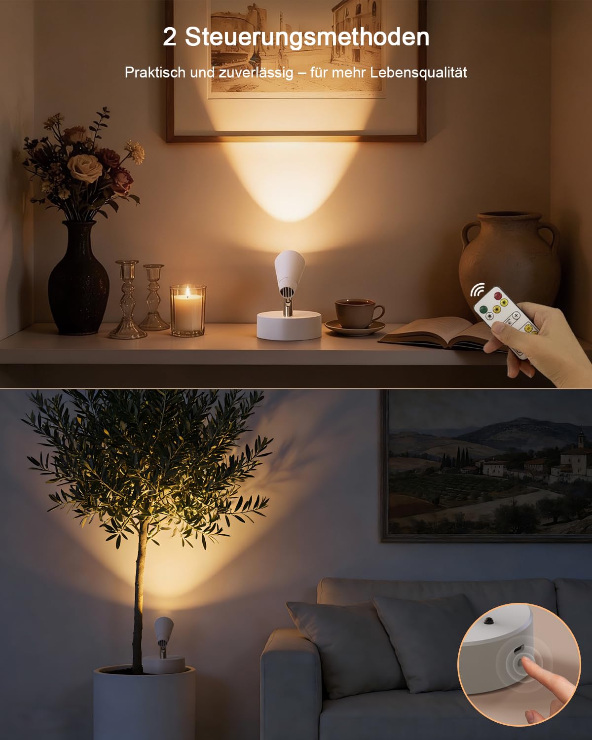 Spotlight LED Akku Aufladbar Kabellose Innen mit 5000mAh, Wandspot mit 350° Drehbare,2Pack Aufladbare Wandleuchte Innen mit 3 Farben Dimmbar Touch Fernbedienung für Bilderbeleuchtung
