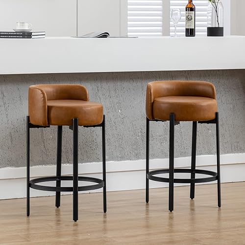 Miniatura 7 de LukeAlon Mid Century Linen - Juego de 2 taburetes de bar tapizados de 26.5 pulgadas de altura de asiento bajos con patas de madera natural,