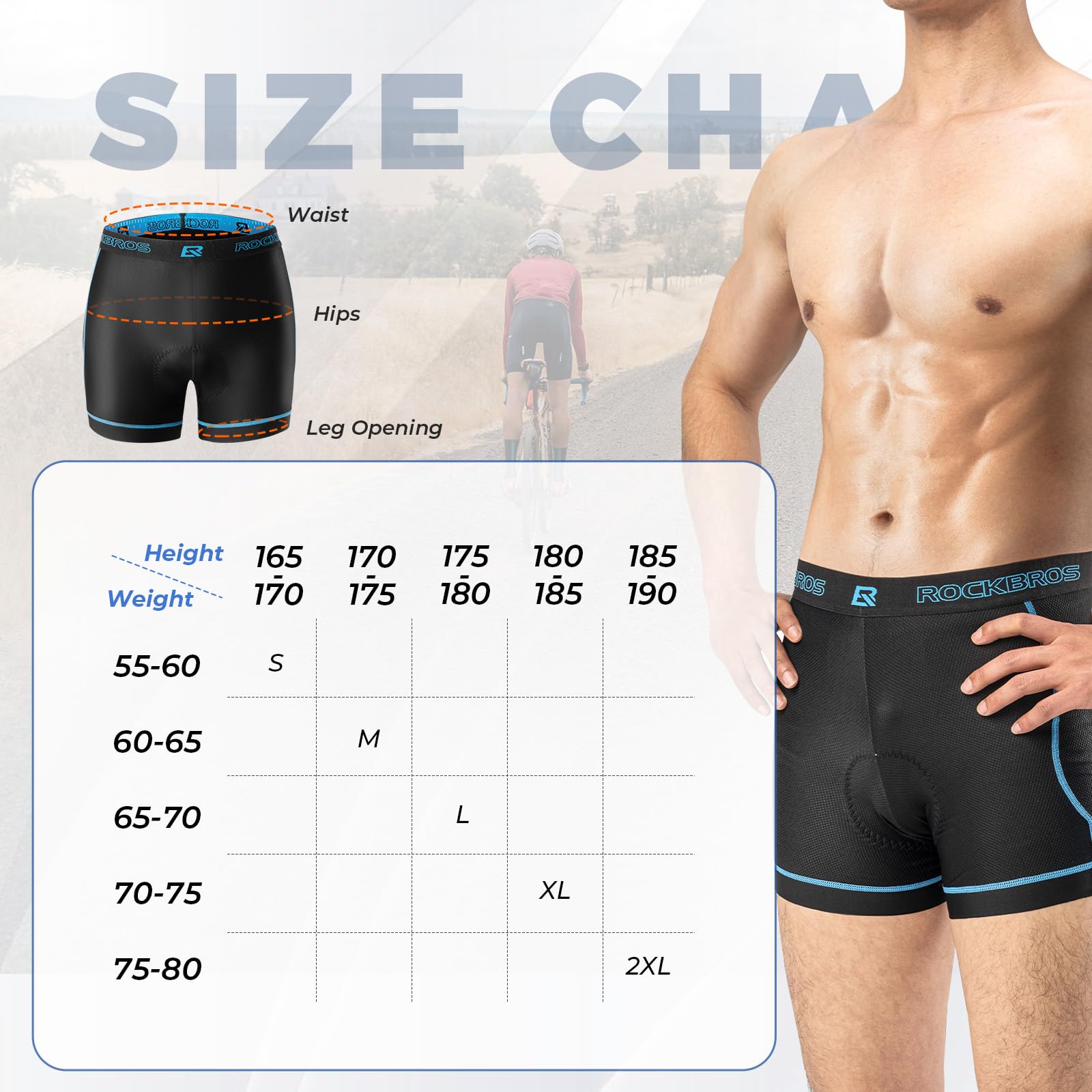 ROCKBROS Fahrradhose Herren Radunterhose mit 3D Sitzpolster Atmungsaktive Fahrradunterhose Gepolstert Fahrrad Unterwäsche Kurz Elastisch MTB Rennrad S-3XL