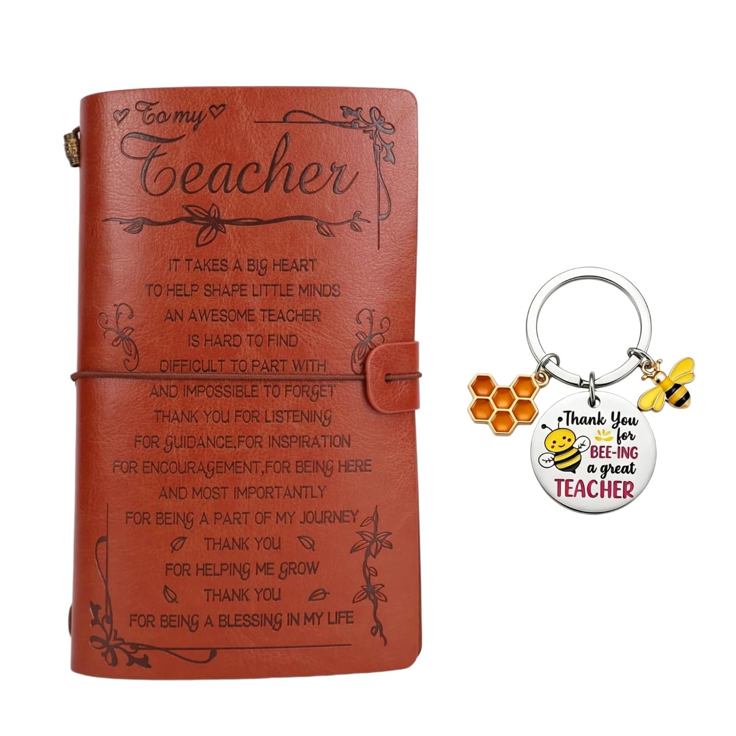 Teacher Gifts, Thank You Gift Set: Bee Keyring & Notebook, Thankyou Gifts for Women & Men, Teacher Appreciation Gifts for End of Term, Graduation & Christmas, Personalised Leaving Presents (Teacher)