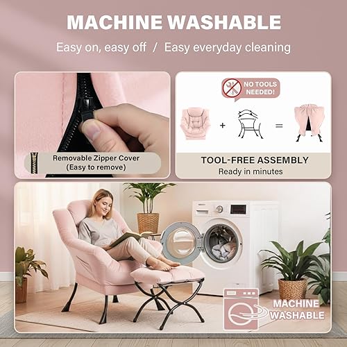 Miniatura 5 de Silla Lazy y otomana, silla grande de terciopelo rosa con bolsillo lateral, moderno sofá tapizado de ocio con reposapiés para oficina, dormitorio