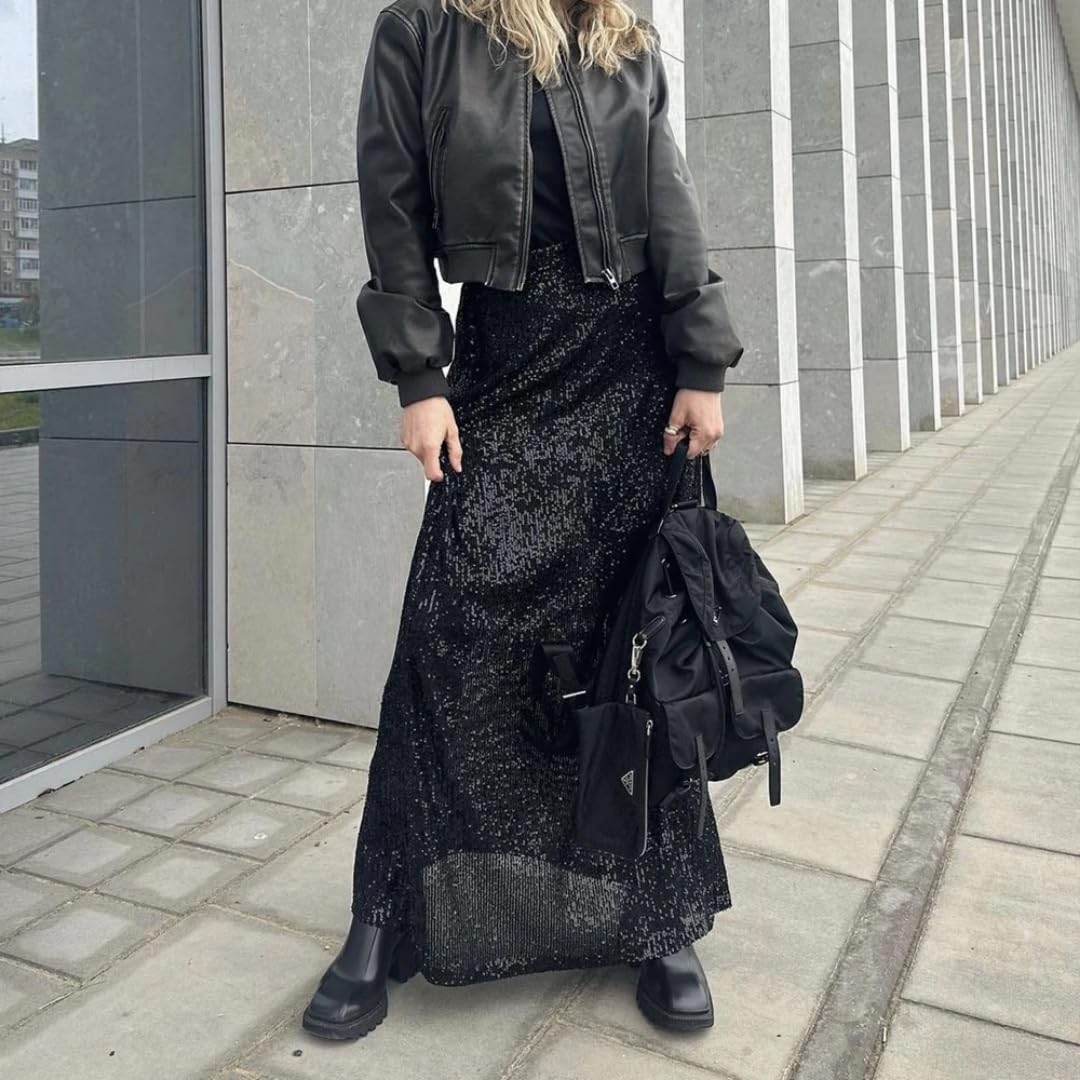 Faldas De Tubo Mujer Fiesta De Mujer Purpurina Cintura Elástica con Lentejuelas Brillantes Faldas Largas Rectas Vintage Streetwear