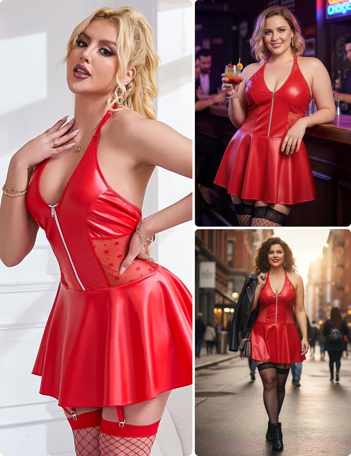 ohyeah PU Leather Lingerie Set for Women Plus Size Lingerie with Garter Belt Mini Club Dress Halter Chemise Fit S-2XL - Image 4