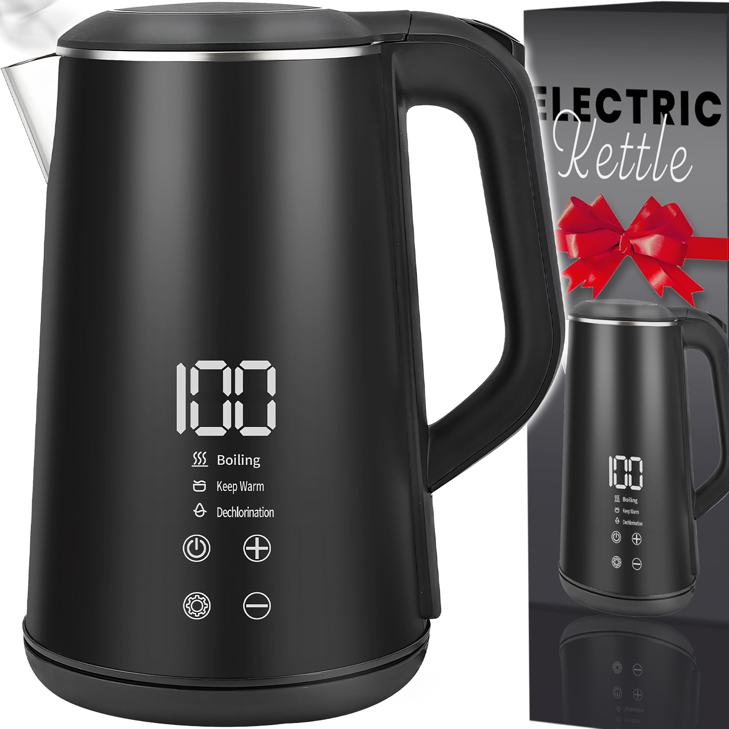 Retoo Hervidor de Agua Eléctrico 1,6L con Pantalla Táctil LED 1500 W, Inalámbrico, Base de 360°, Interior de Acero Inoxidable sin BPA, Varios Niveles de Temperatura, Negro
