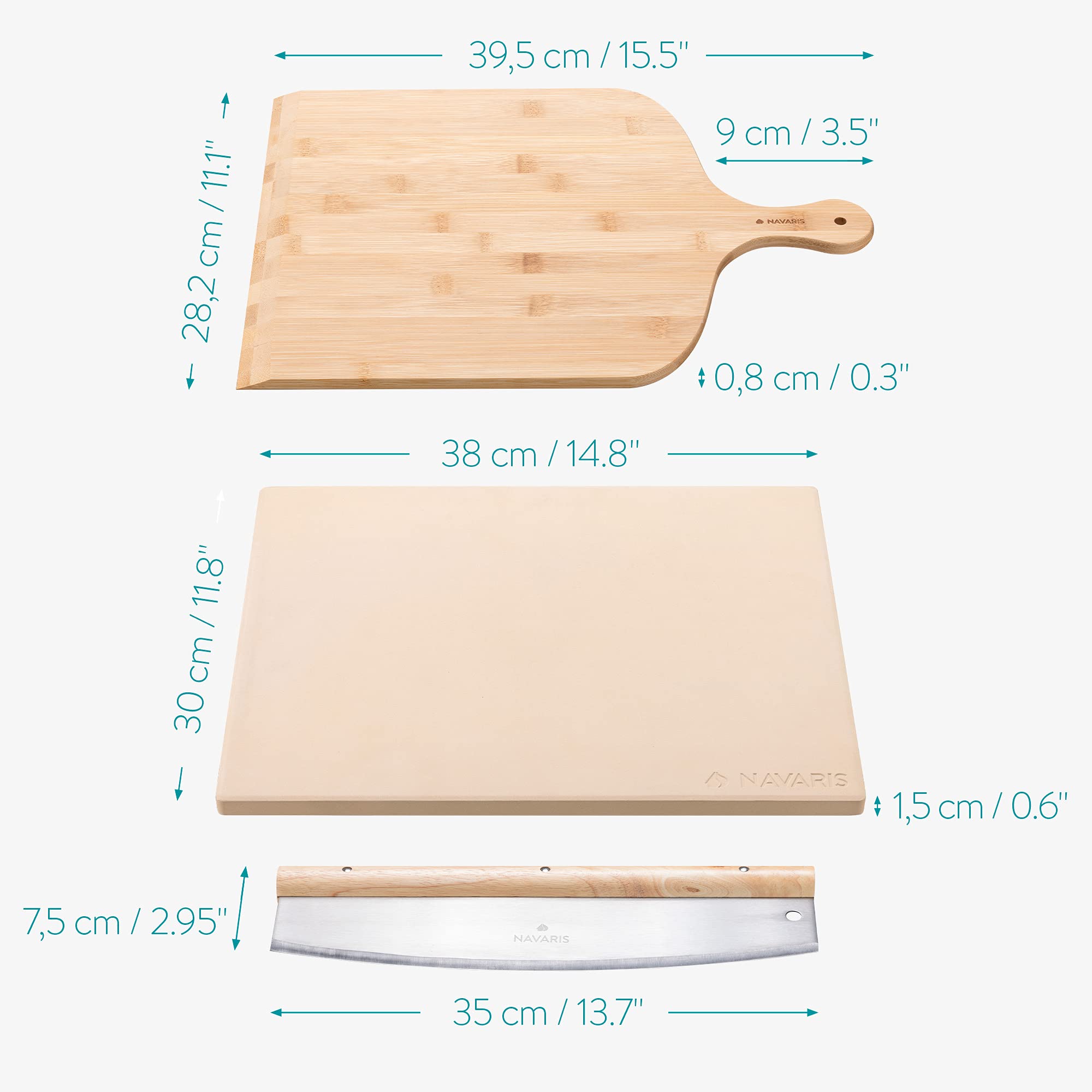 Navaris Piedra para pizza con pala y cuchillo medialuna - Base de cordierita de 38 x 30 CM con accesorio para cortar y paleta - Horno barbacoa grill