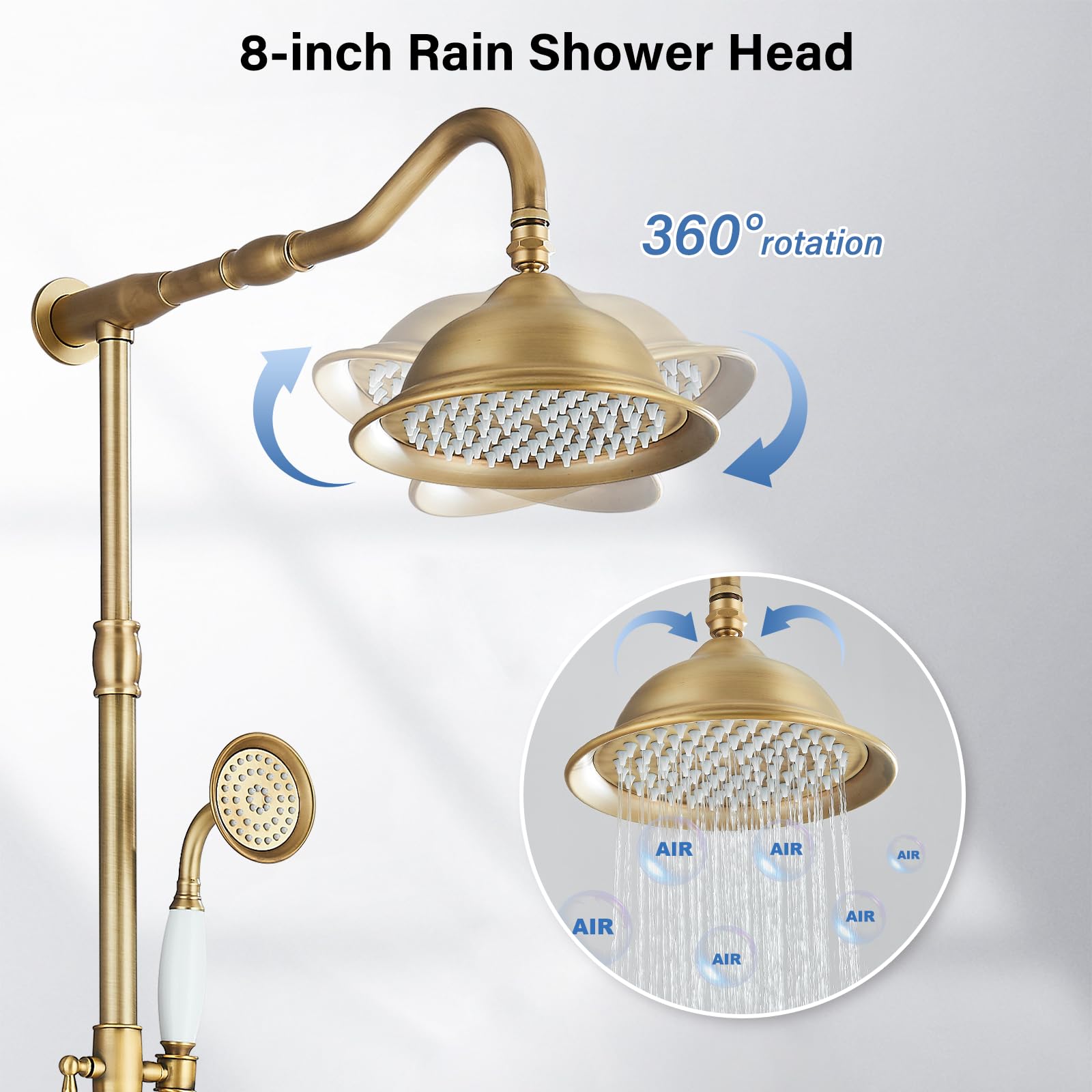 Grifo de ducha con cascada retro, 3 salidas, alcachofa superior de 8 pulgadas, ducha de mano + bañera de latón antiguo, kit con soporte extensible (100-135 cm)