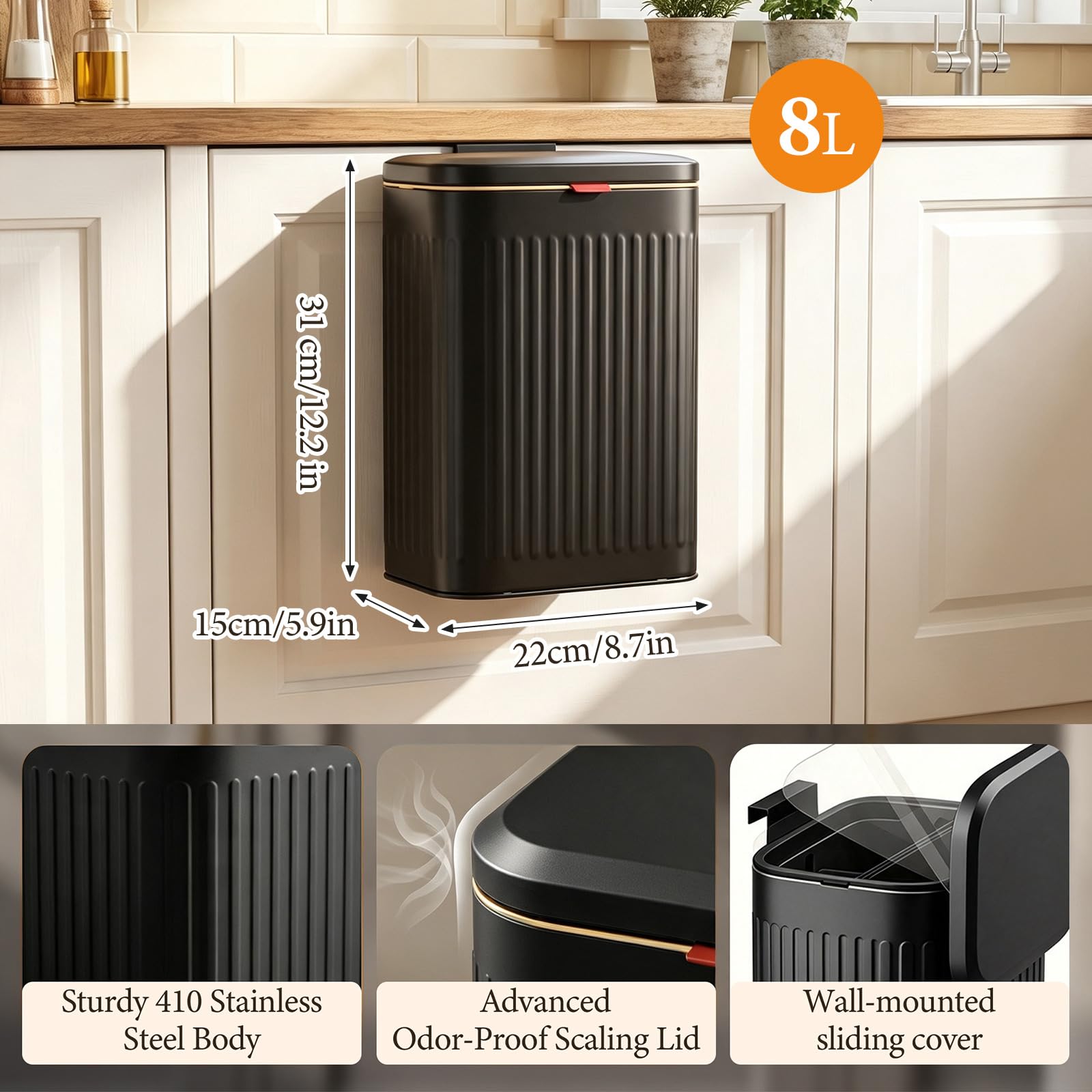 Pattumiera da cucina sospesa con coperchio, 8 l, in acciaio inox, secchio interno staccabile, cestino per rifiuti da parete con fodere profumate alla lavanda, per porta dell'armadio, piano di lavoro