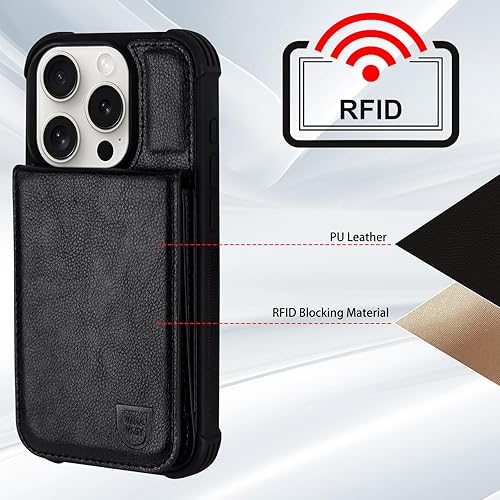 Miniatura 6 de VANAVAGY Funda tipo cartera compatible con iPhone 15 Pro para mujeres y hombres con tarjetero de crédito, cierre magnético de piel RFID, funda para