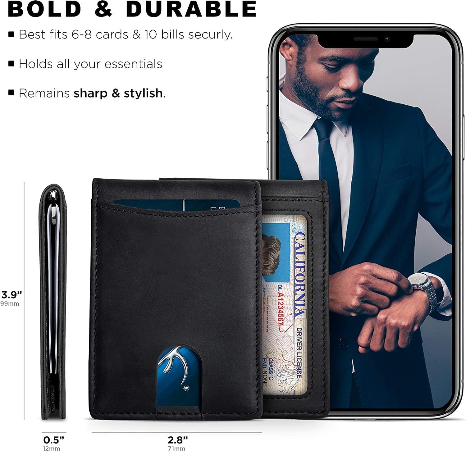 Da.Millora Leather Genuine Leather RFID Blocking Money Clip Wallet for Men, Slim Front Pocket Minimalist Bifold with Smart Pull Strap, 8 Card Slots & Photo ID – Black - Image 4