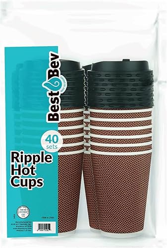 Miniatura 4 de PARTY BARGAINS Ripple - Tazas calientes con tapas, 12 onzas, 40 unidades, marrón, aislamiento de doble pared, tazas de café de papel desechables,