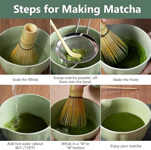 Miniatura 7 de Juego de batidor de matcha, 7 piezas de kit de matcha japonés que incluye cuenco de matcha con boquilla, batidor de bambú, soporte Chasen, tamiz