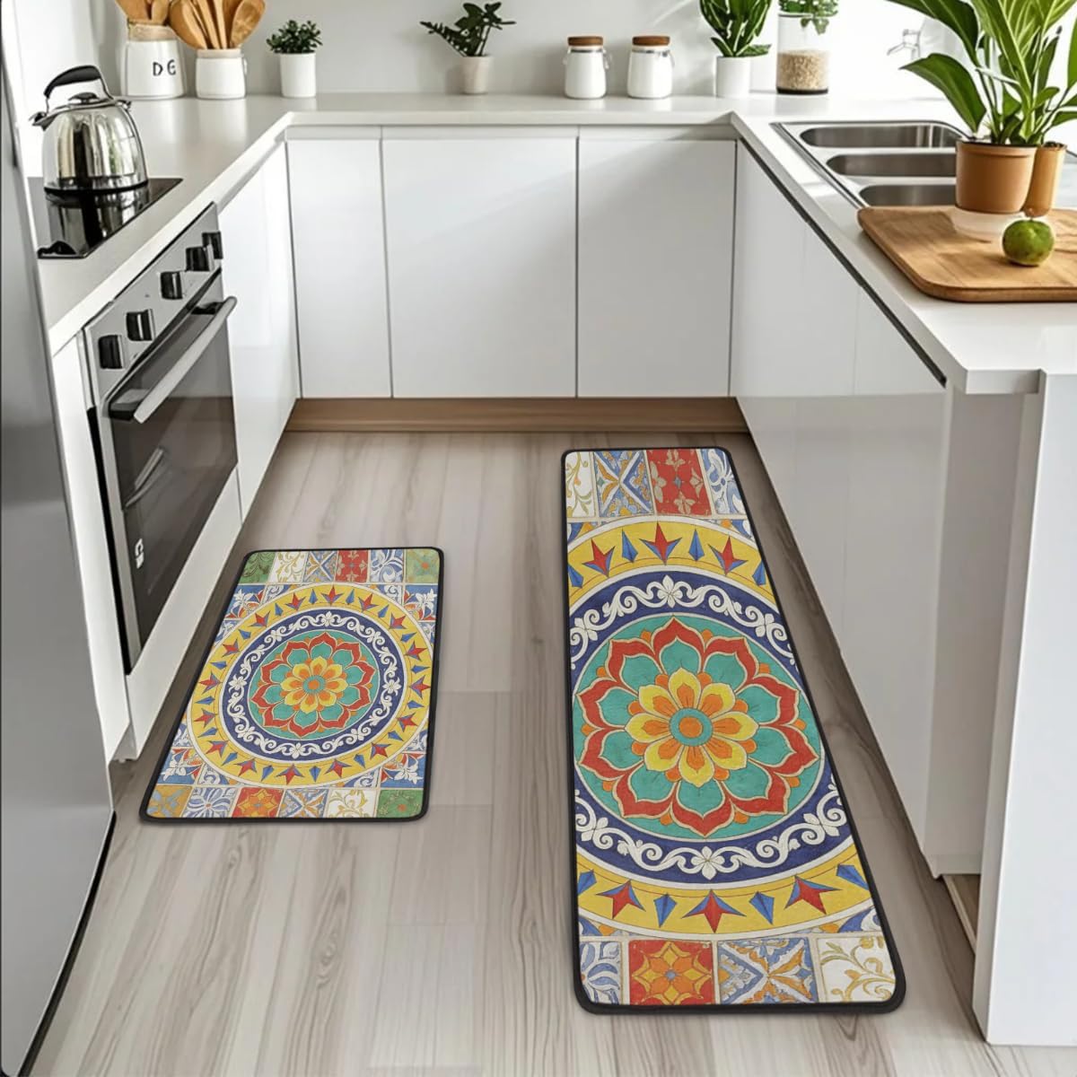 Anti Fatigue Mexican Tile Mandala Kitchen Mats for Floor 2 Piece Set, Waterproof Non Slip Boho Kitchen Floor Rugs, Comfort Standing Mat for Sink Laundry & Home Kitchen 17"x47"+17"x29"