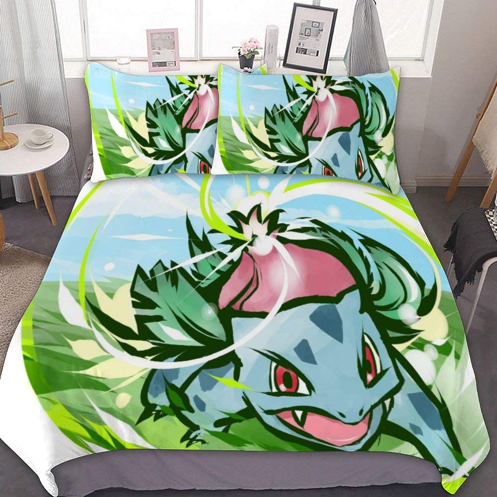 MEW Anime Poke-mon Twin Bedding Duvet Cover Set,Ivysaur Solar Beam,3 Pieces Bedding Set,with Zipper Closure and 2 Pillow Shams,Cute Boys Girls Comforter Sets,Luxury Guestroom Decorations