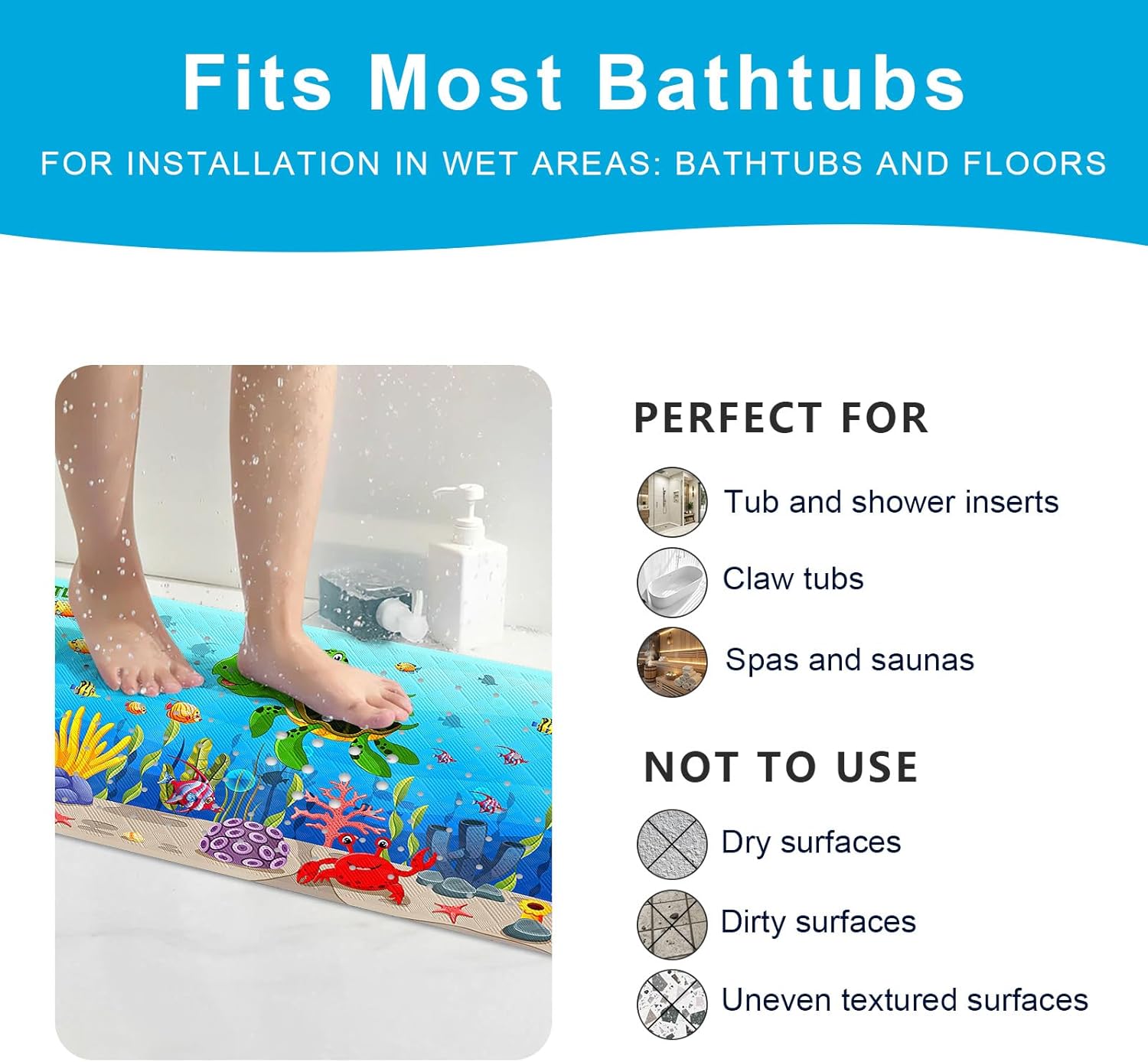XIYUNTE Baby Bath Mat for Tub Non Slip Kids Bath Mat - 40''x16'' Extra Long Cartoon Bathtub Mat Non Slip Kids Shower Mat Eco-Friendly Toddler Bath Mats with Suction Cups, Machine Washable, Sea Turtle