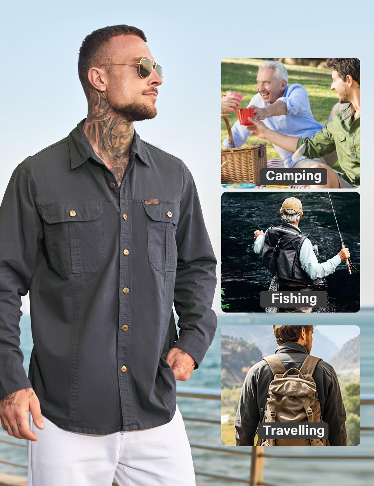 Casey Kevin Chemise de Militaire à Manches Longues pour Homme en Coton, Chemise Cargo Vintage pour Travail Extérieur Randonnée Tactique, Boutonnée, 2 Poches, Regular Fit
