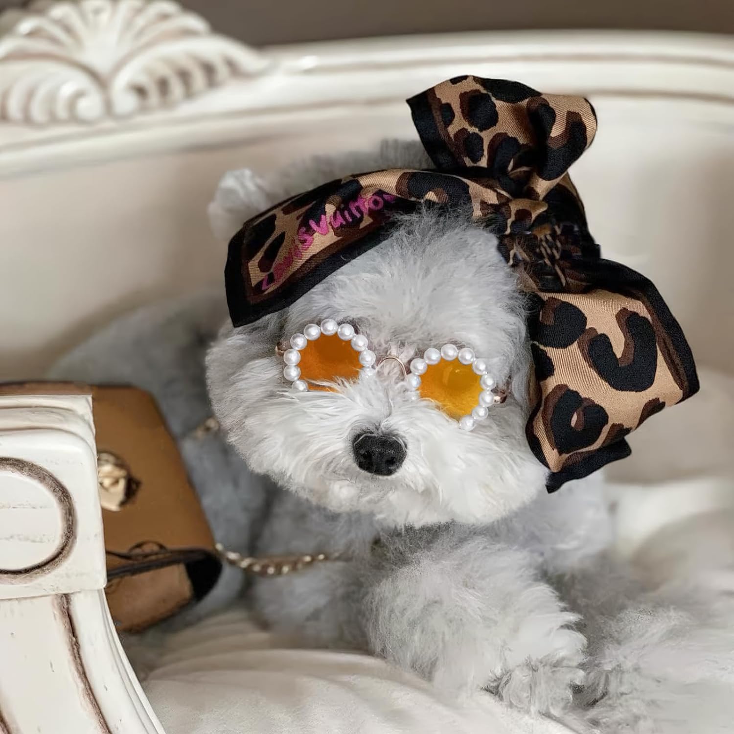 KUDES Cute Dog Sunglasses Pearl Dog Sunglasses Small Medium Breed Girl Holiday Party Pet Costume Accessories