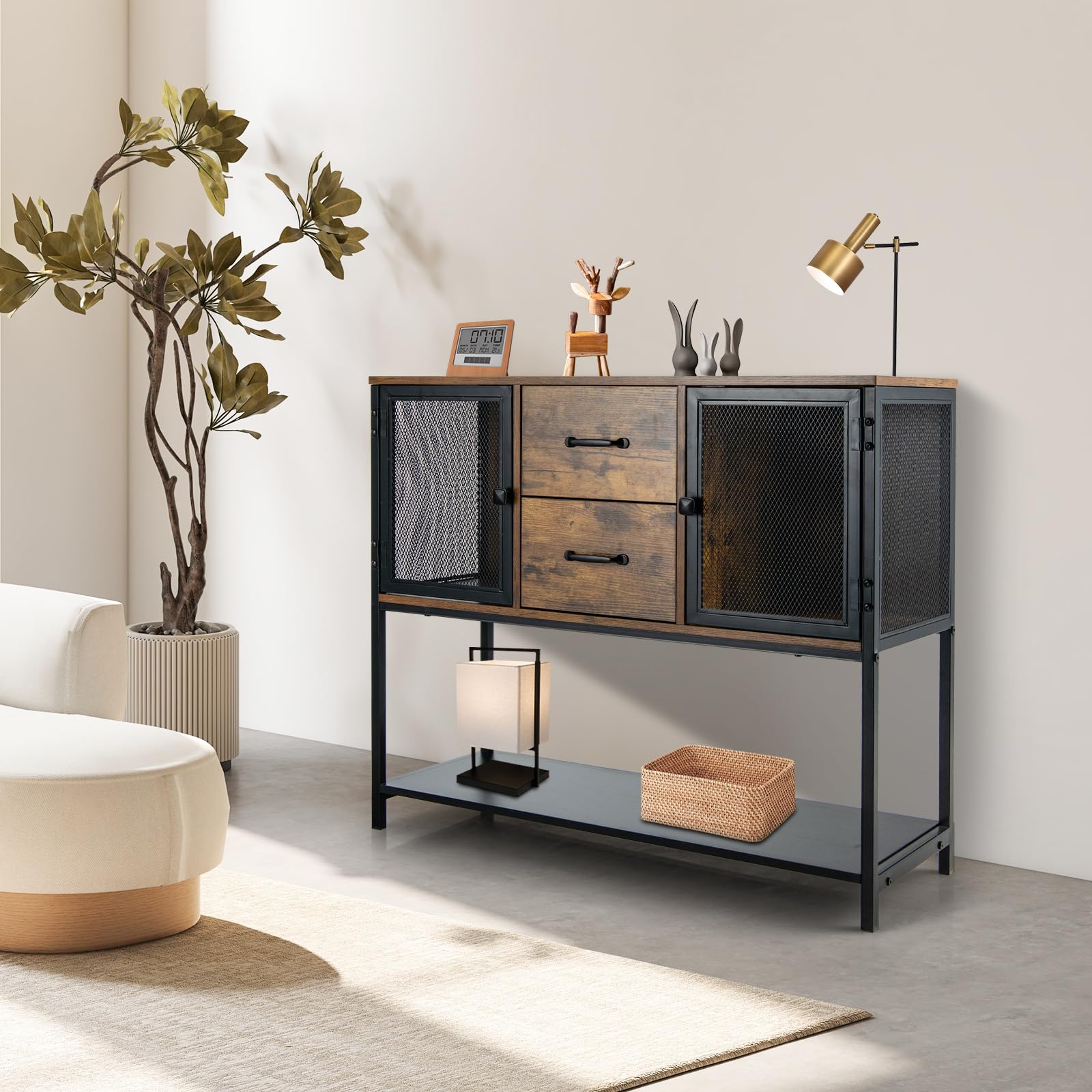 COSTWAY Aparador con 2 Cajones Extraíbles y Repisa Inferior, Mueble Multifuncional para Salón Comedor, Armario de Cocina, Marrón Rústico 100 x 35 x 85 cm