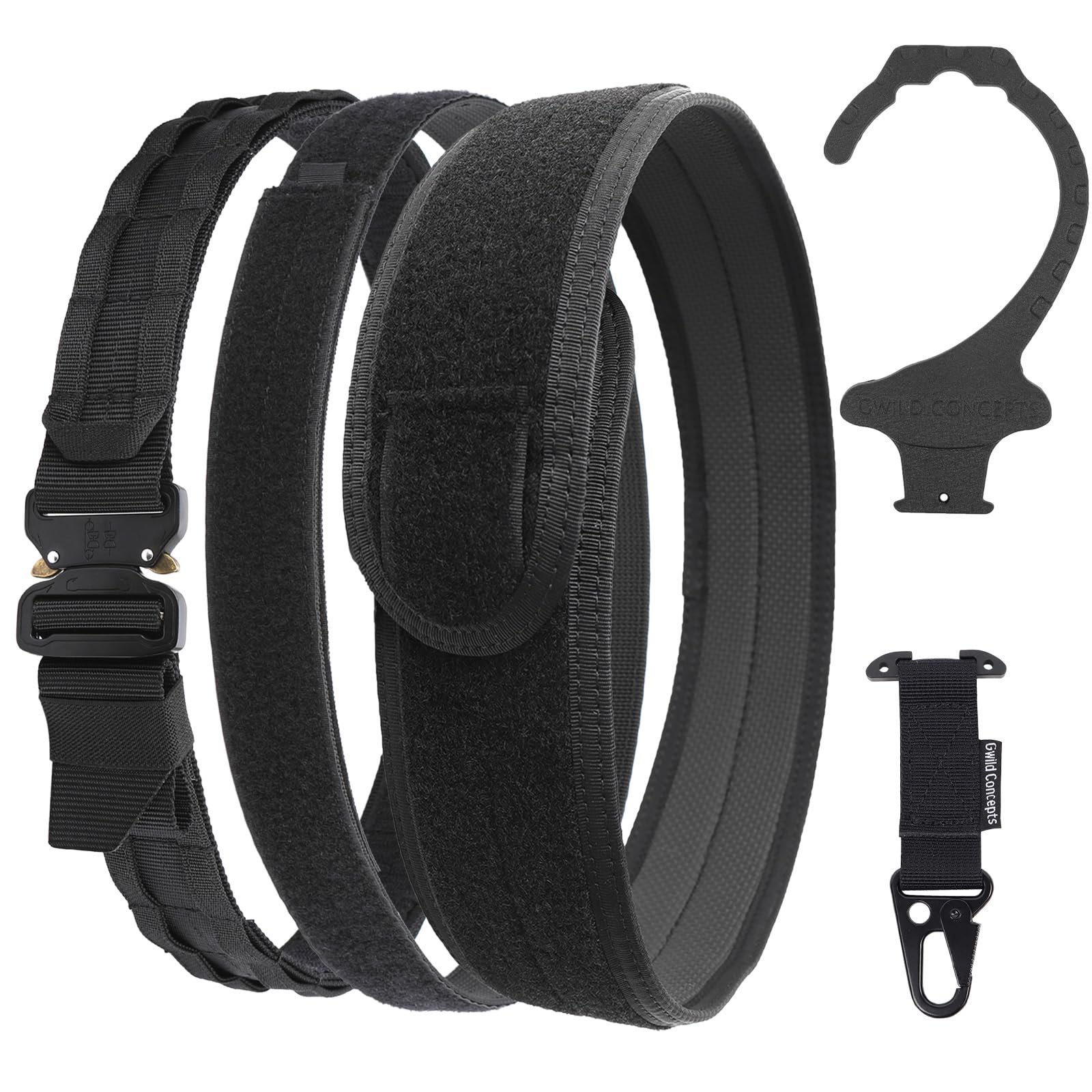 Gwild Concepts Tactical Battle Belt, Quick Release Rigger Belt 1.75'' MOLLE Belt 5-in-1 Heavy Duty Belt with Belt Hanger & Gloves Hook, Black, L(36-41inch)